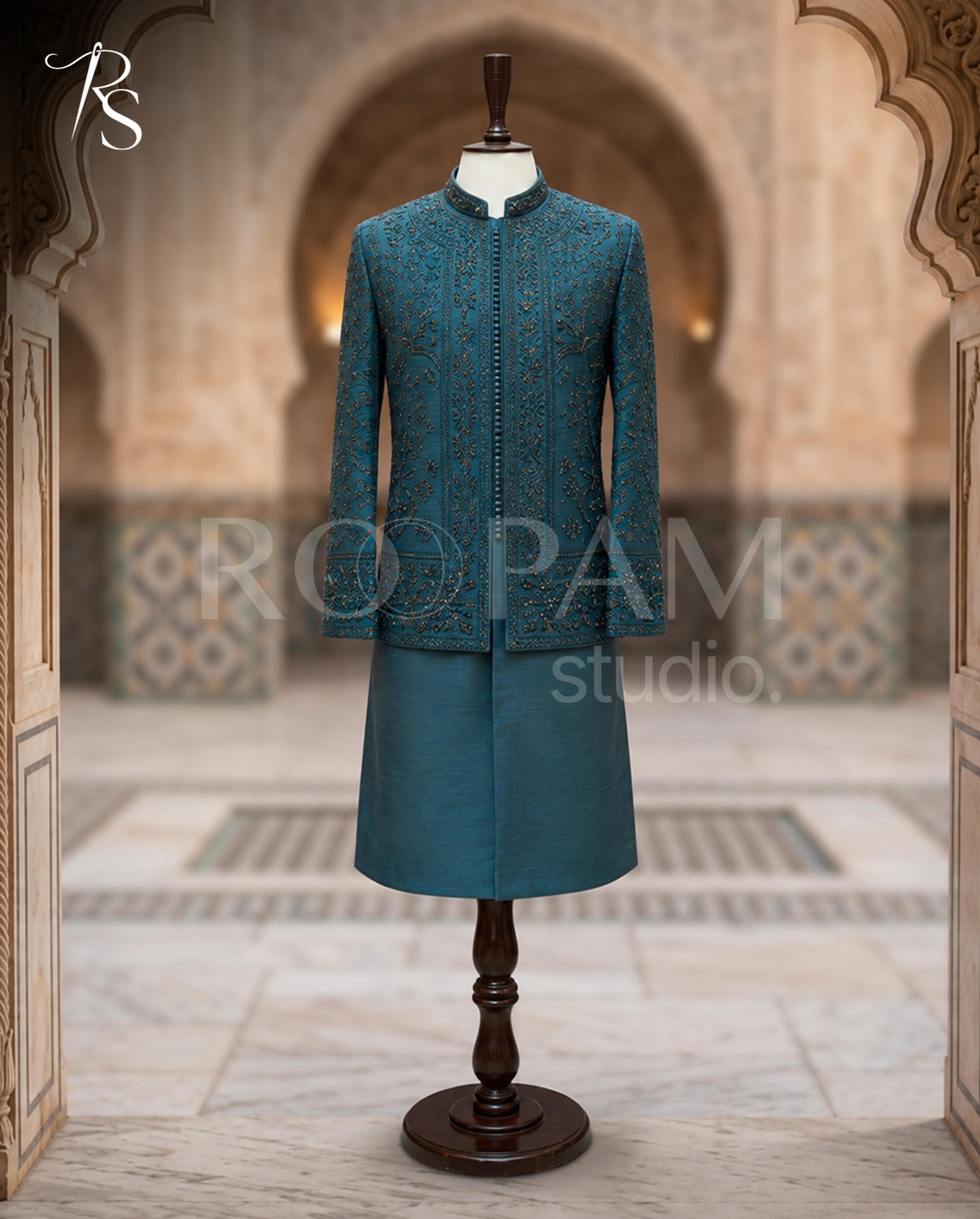 Premium Deep Teal Beaded Open Prince Coat - Thumbnail 4