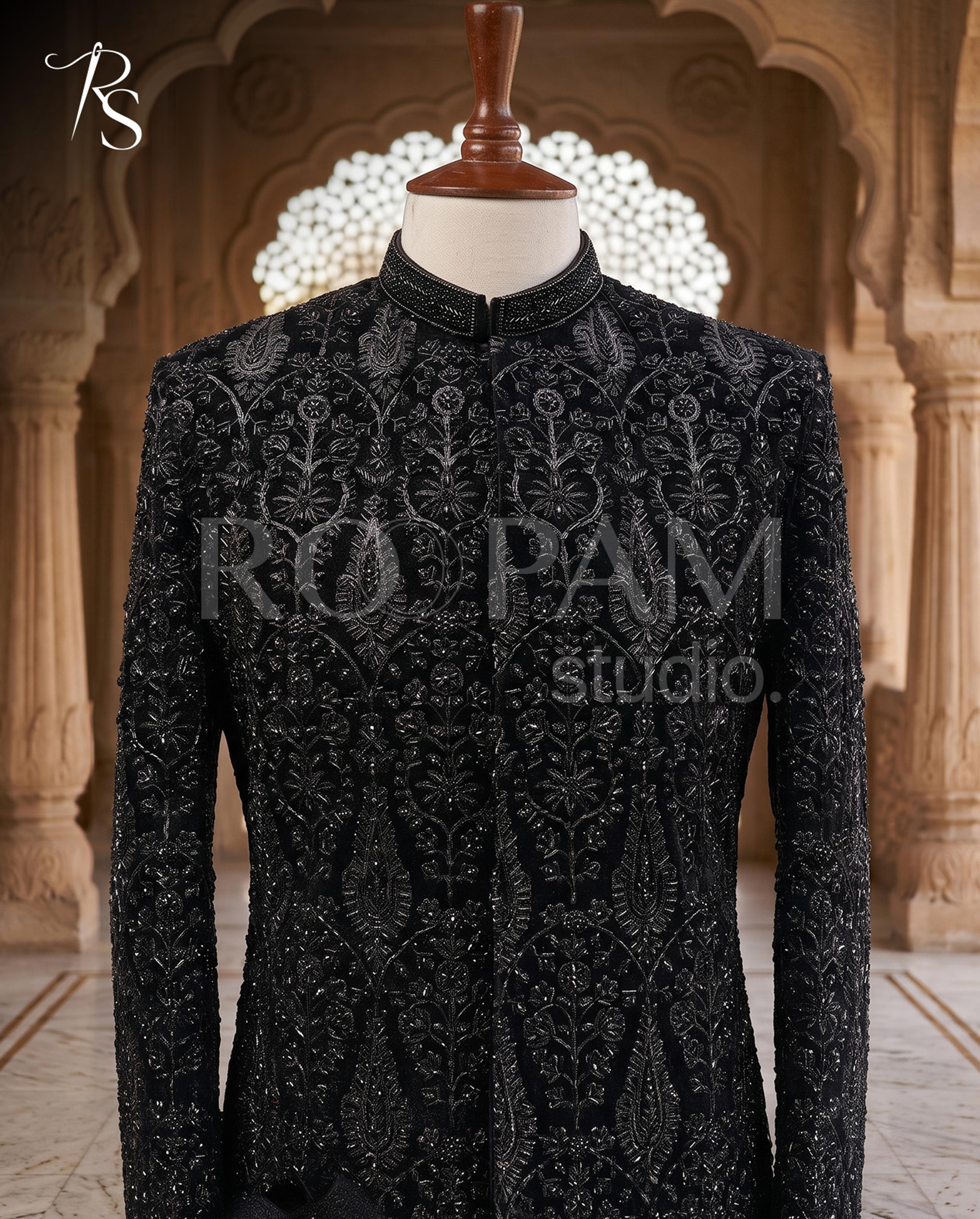 Roopam Studio Midnight Black Embellished Sherwani - Thumbnail 4