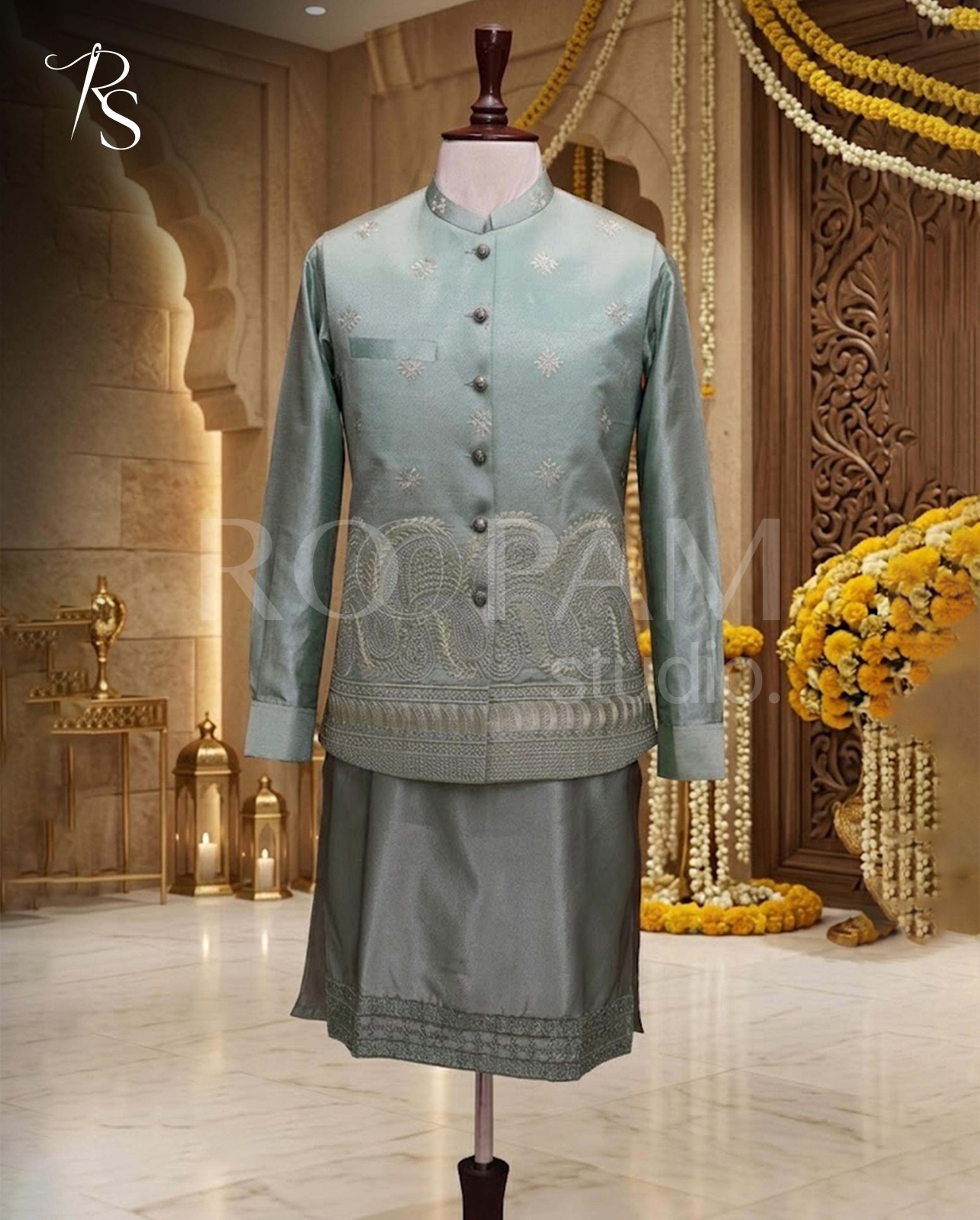 Premium Sage Green Embroidered Waistcoat & Kurta Set | Men's Mehndi Dress - Thumbnail 2