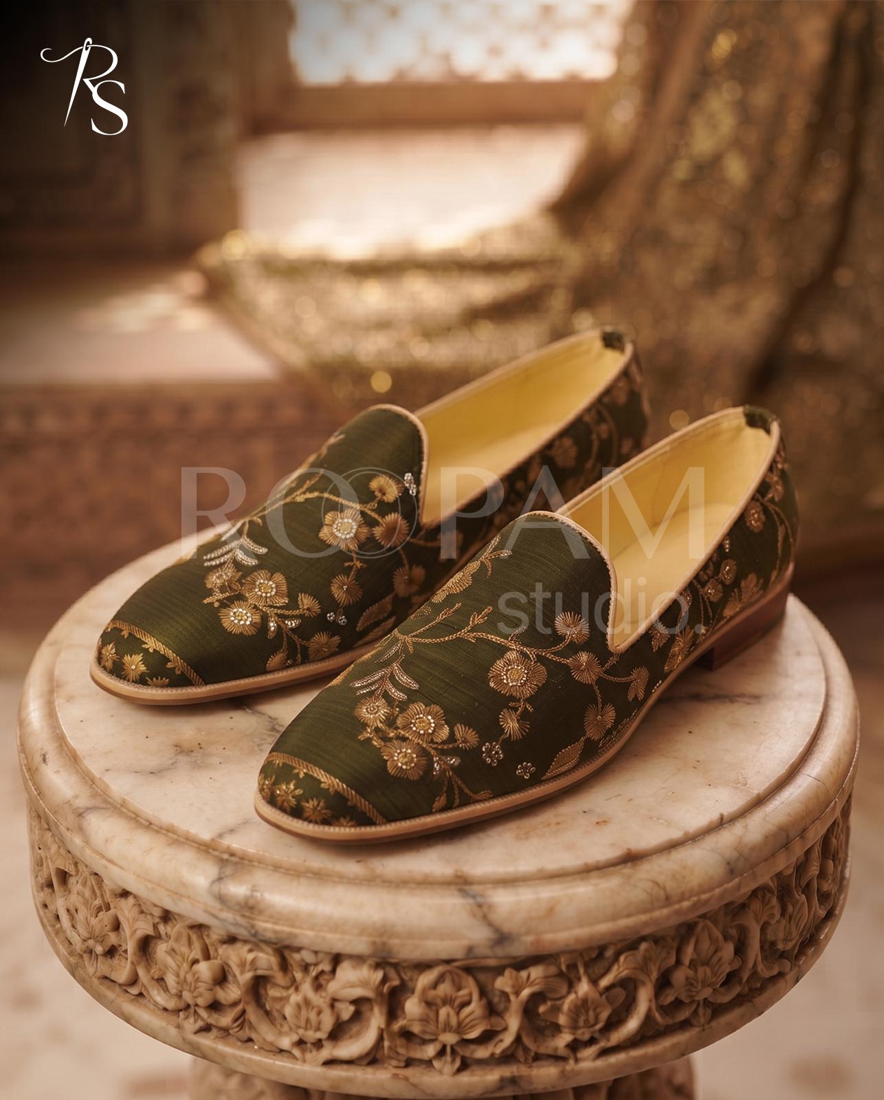 Emerald Vine Embroidered Loafers - Image 1