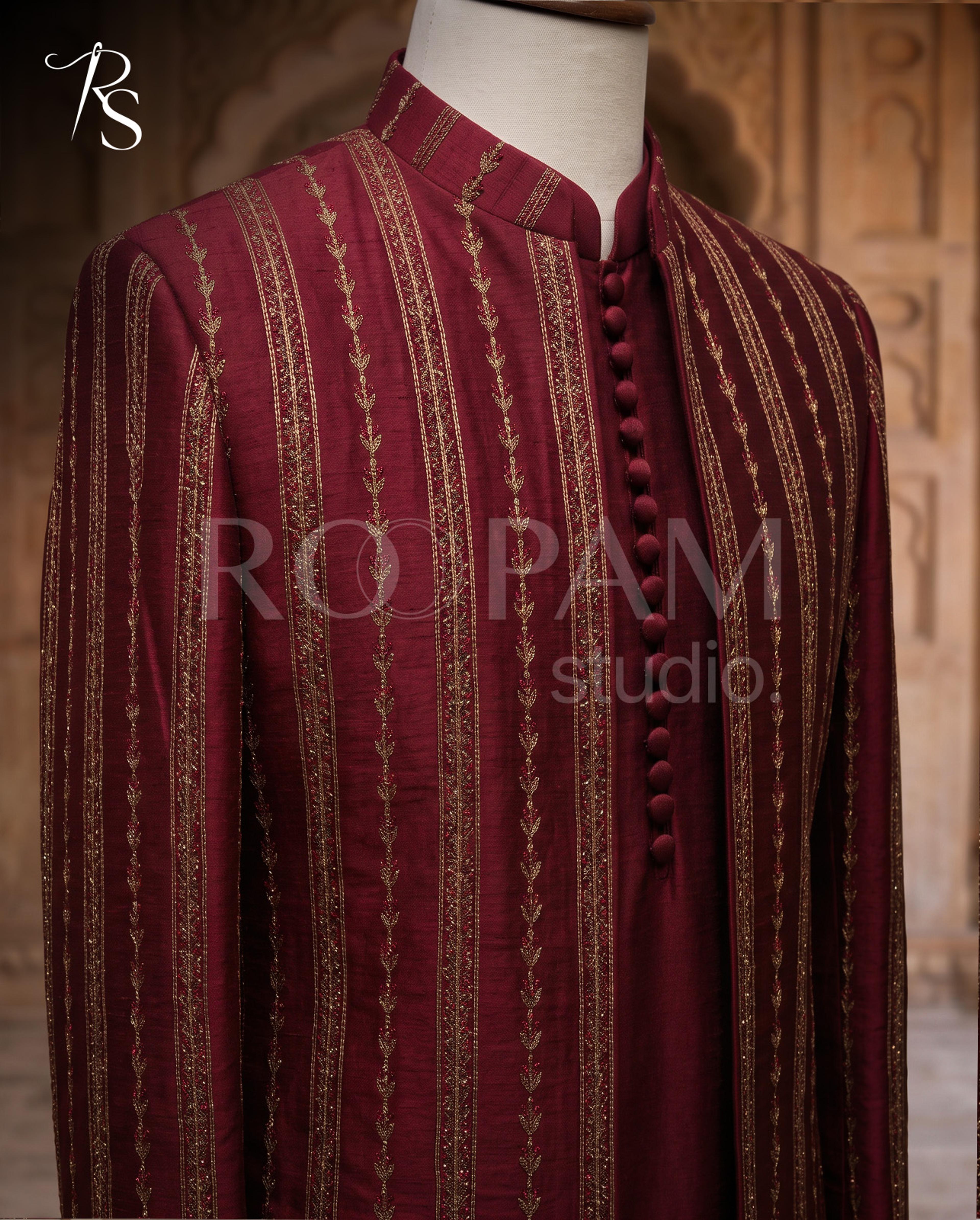 Roopam Studio Maroon Striped Embroidered Sherwani Suit - Thumbnail 4