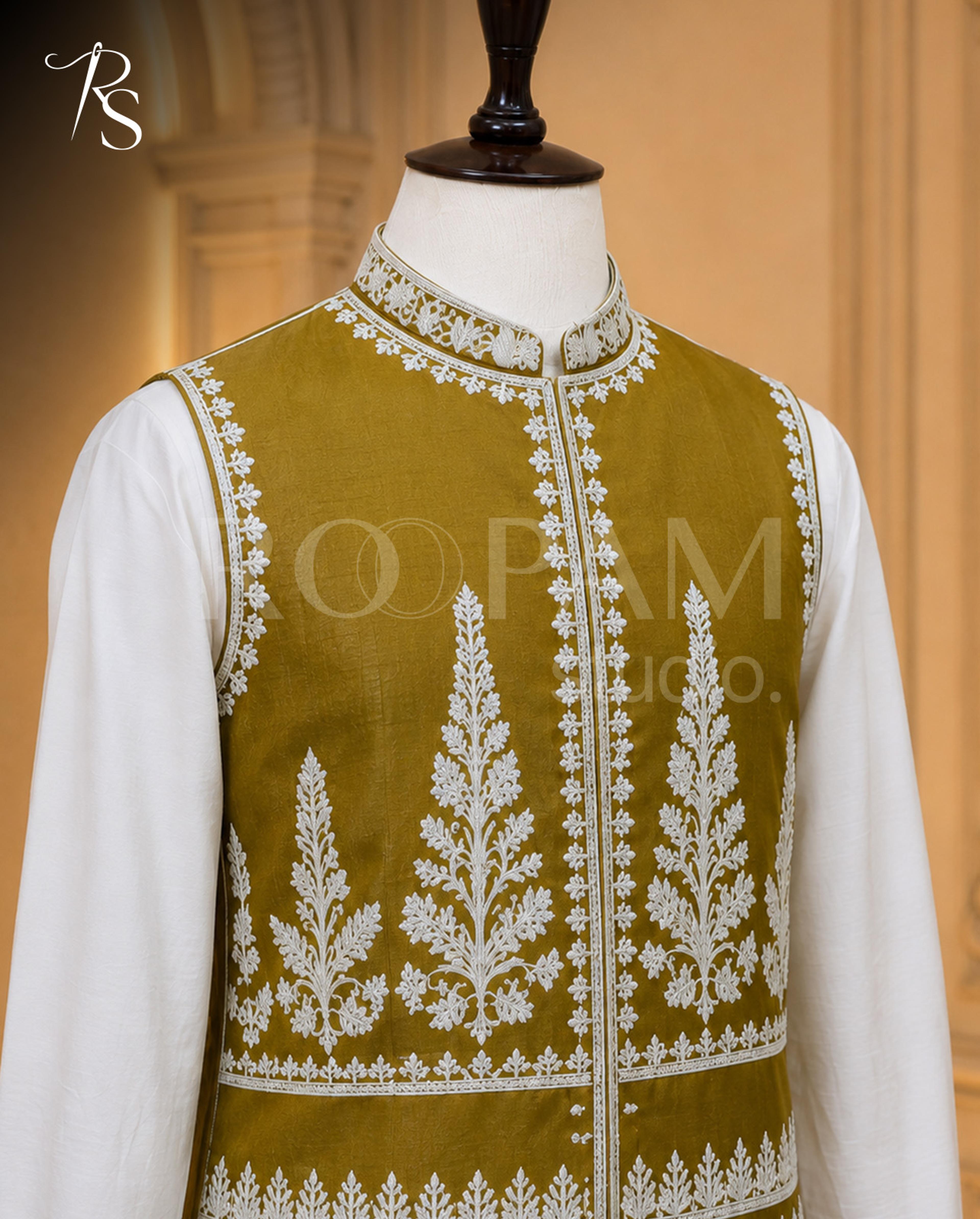 Premium Golden Bronze & White Embroidered Waistcoat - Thumbnail 2