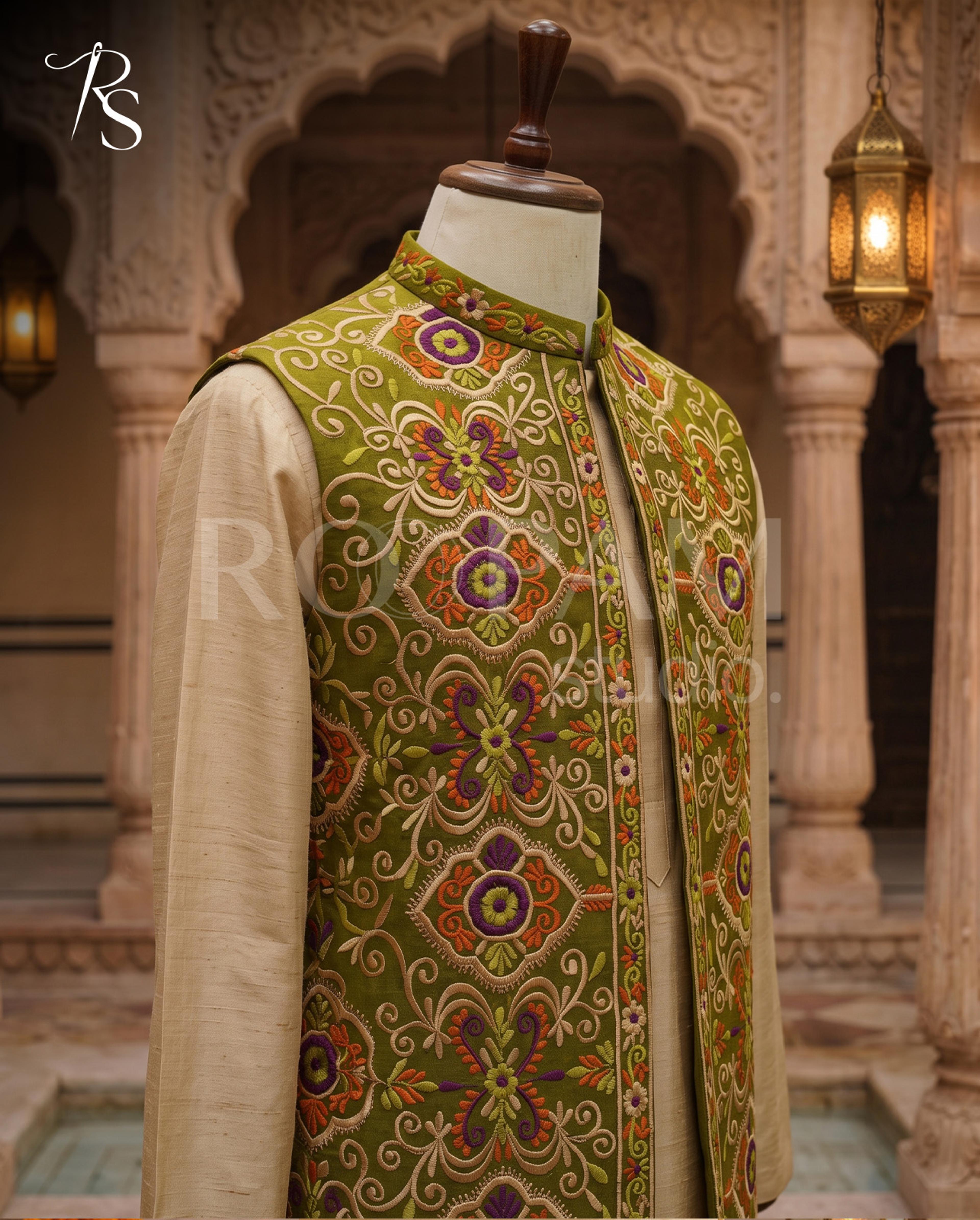 Roopam Studio Luxury Olive Green Embroidered Waistcoat