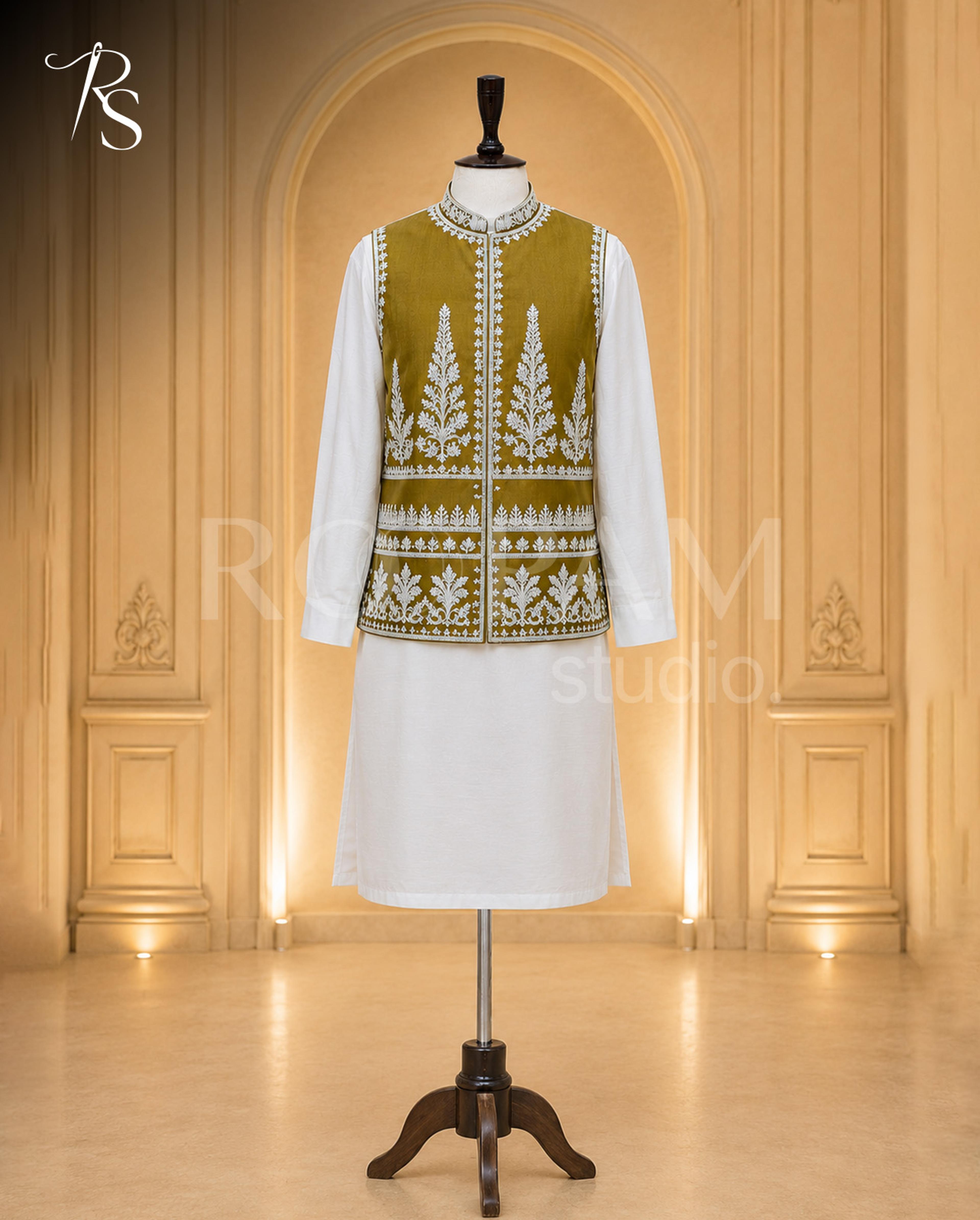 Premium Golden Bronze & White Embroidered Waistcoat - Thumbnail 3
