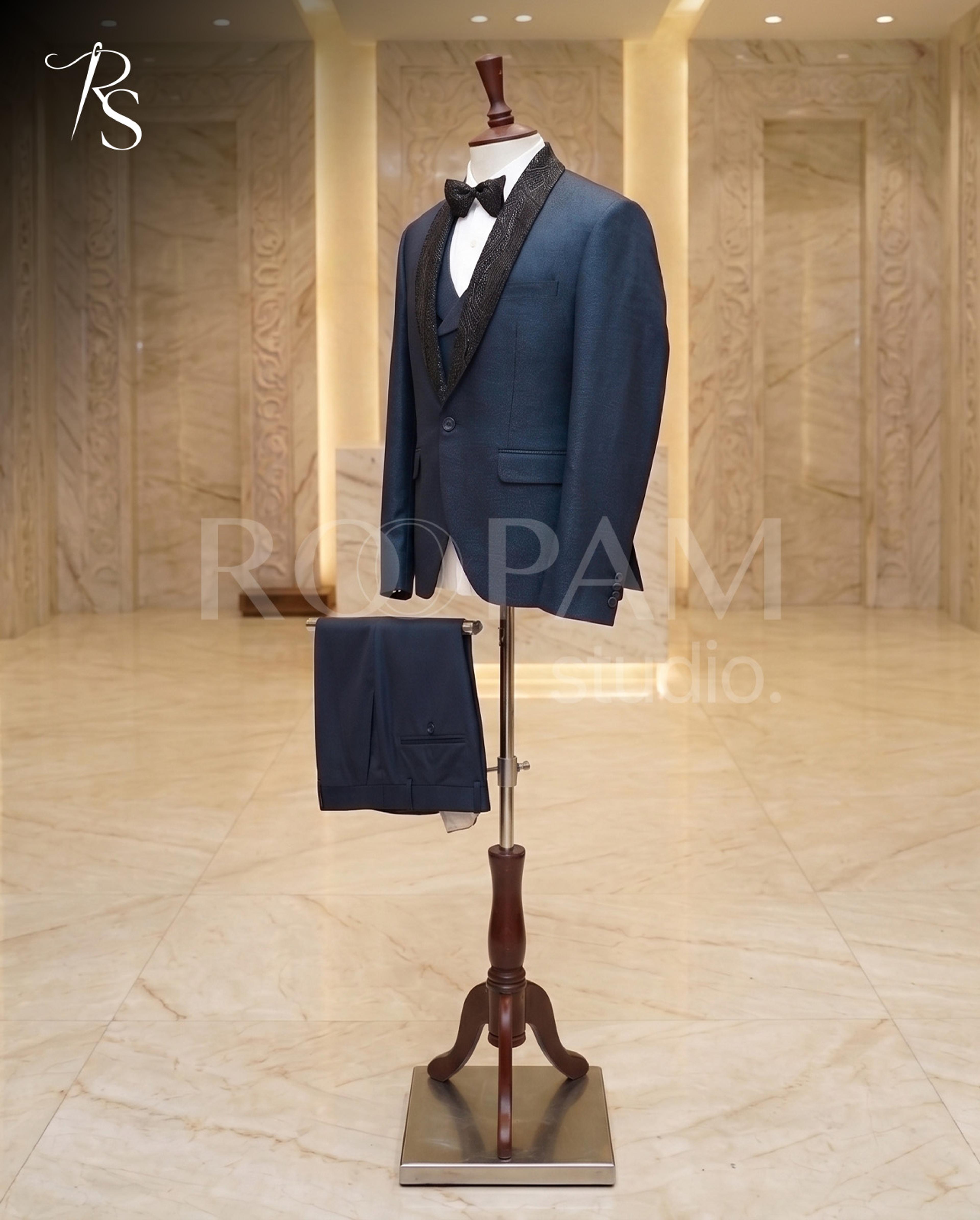 Navy Blue Tuxedo with Custom Black Beaded Lapel & Bow Tie - Thumbnail 3