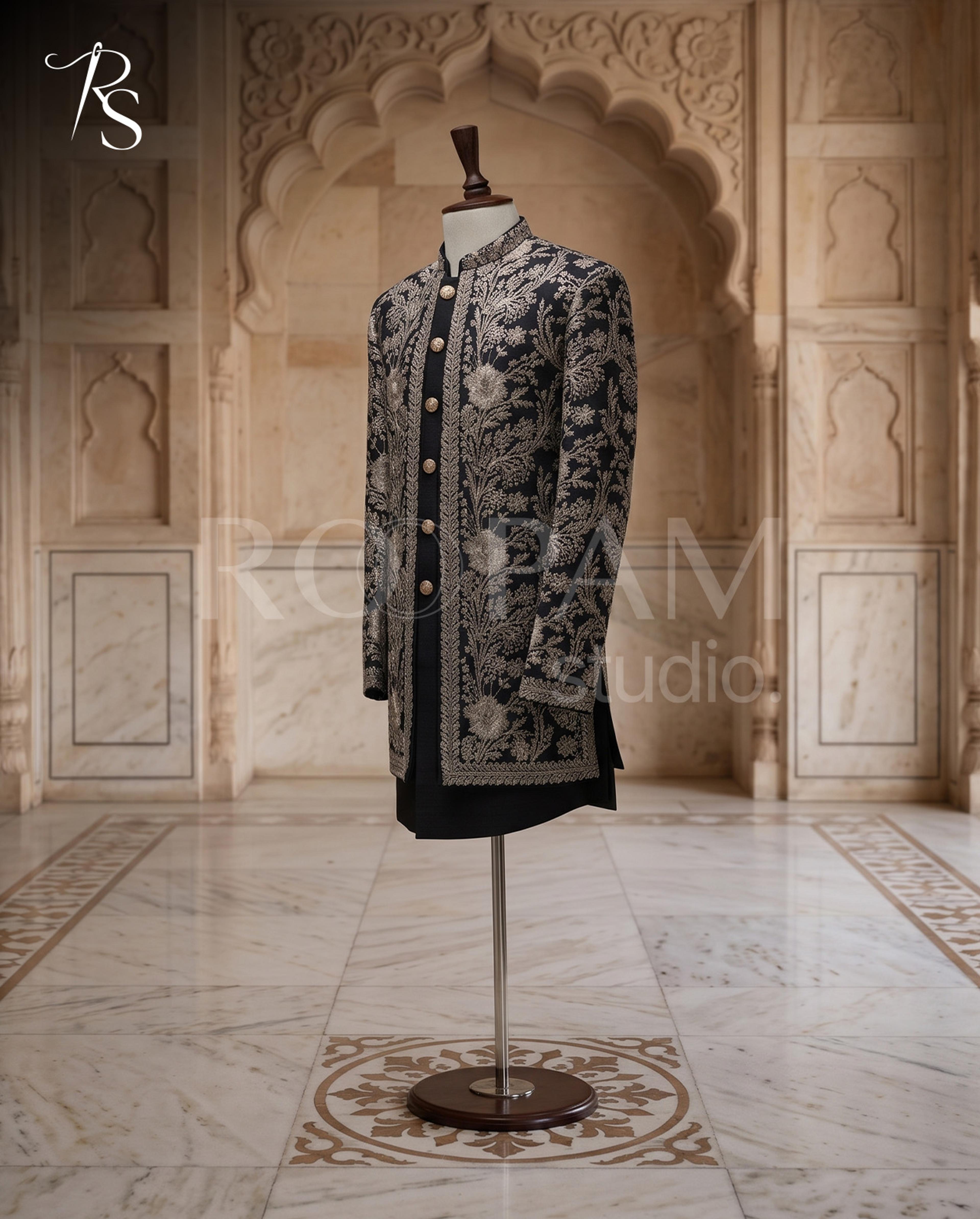 Luxury Jet Black & Gold Floral Embroidered Open-Front Short Sherwani (Complete Groom Package) - Thumbnail 1