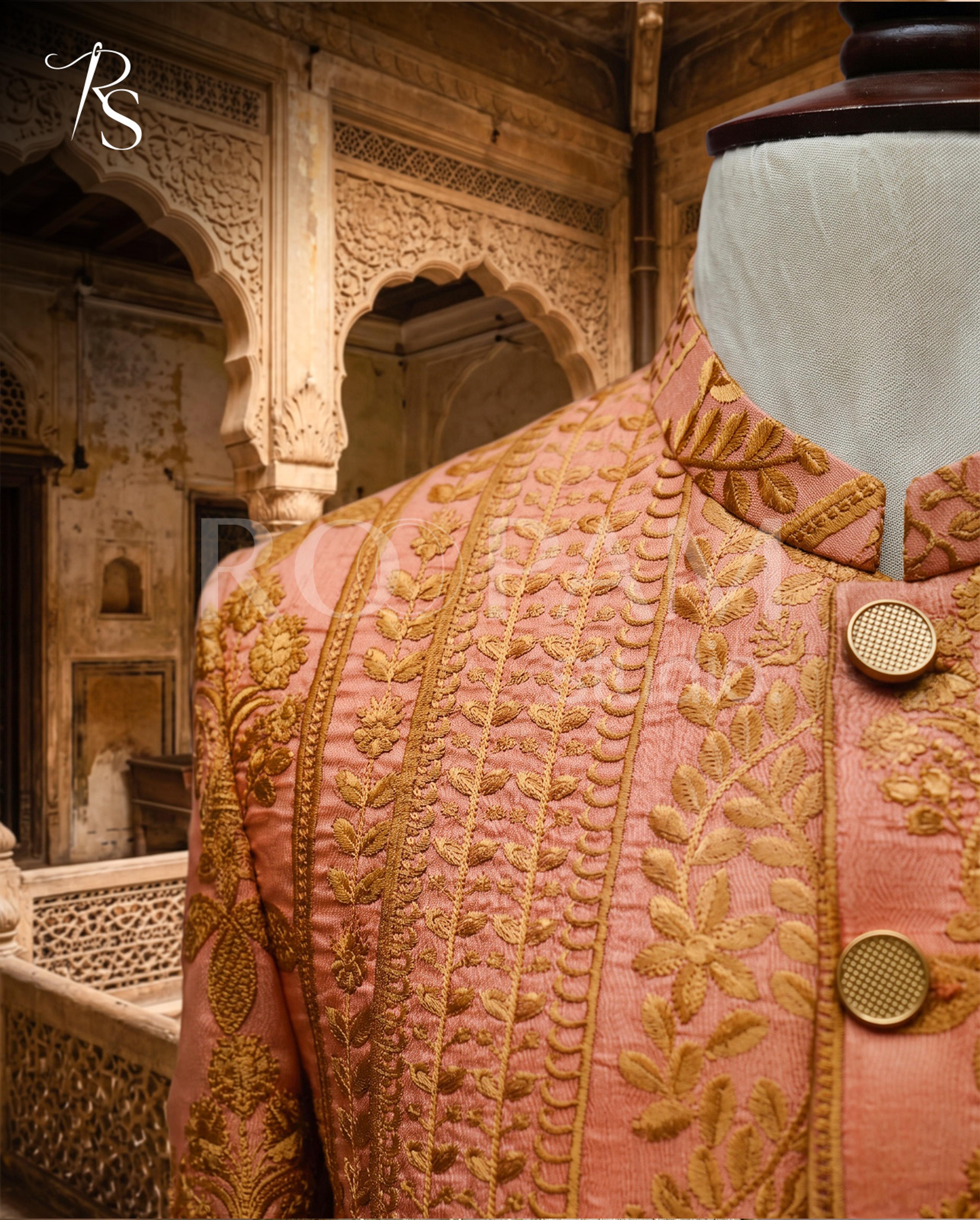 Luxury Rose Gold Floral Embroidered Prince Coat - Thumbnail 2
