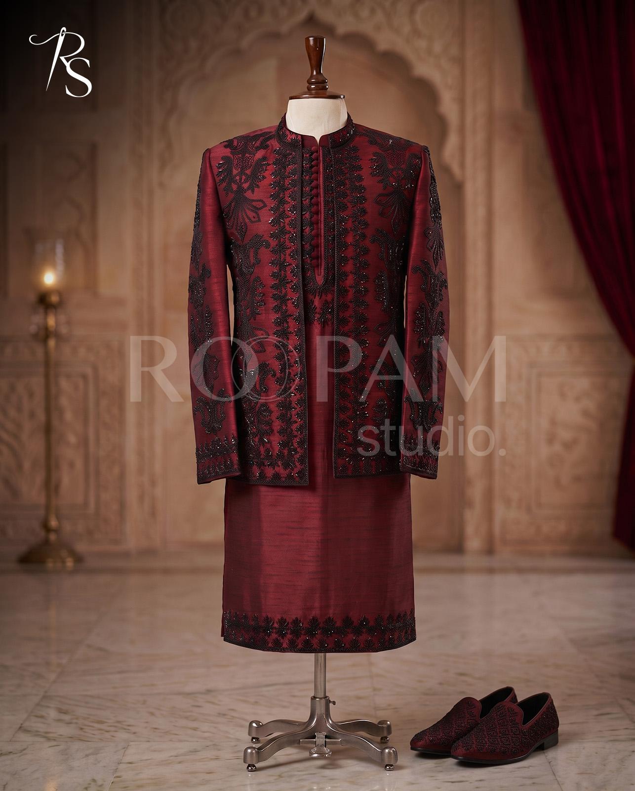 Roopam Studio Luxury Maroon Embroidered Sherwani and Kurta Set - Image 1