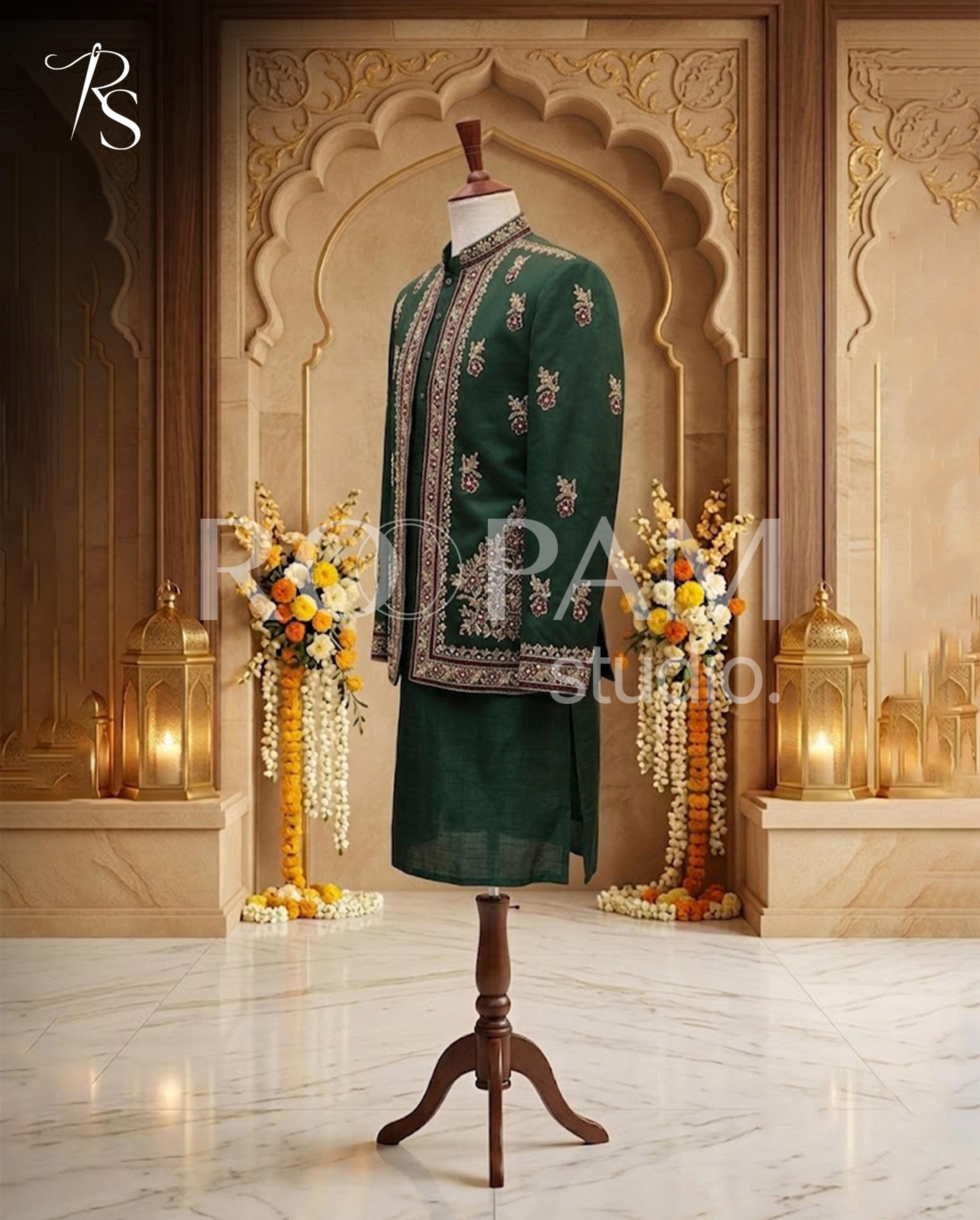 Premium Emerald Green Embroidered Prince Coat – Mehndi Suit for Boys & Men - Thumbnail 3