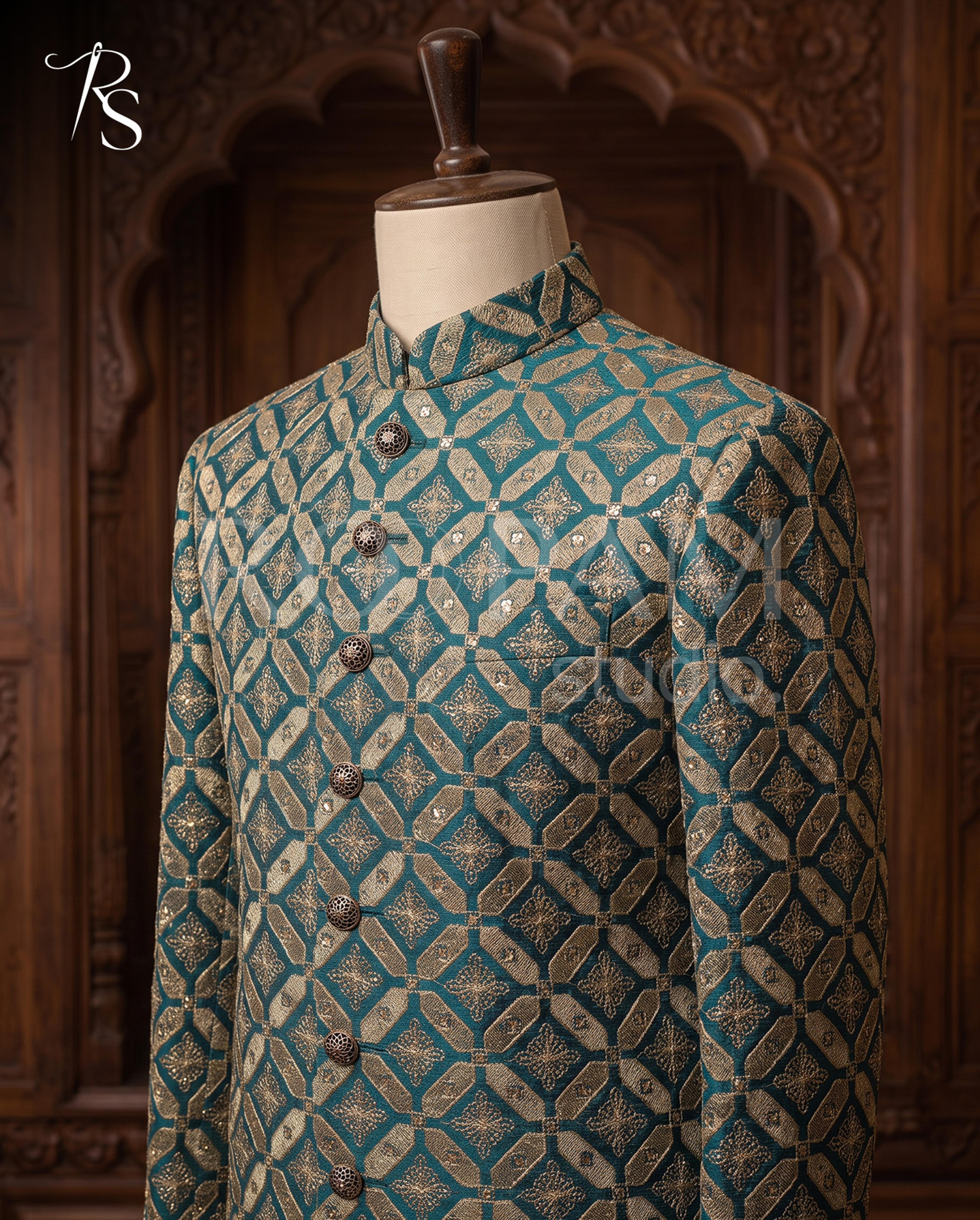 Luxury Teal Green Geometric Diamond Embroidered Prince Coat - Thumbnail 1