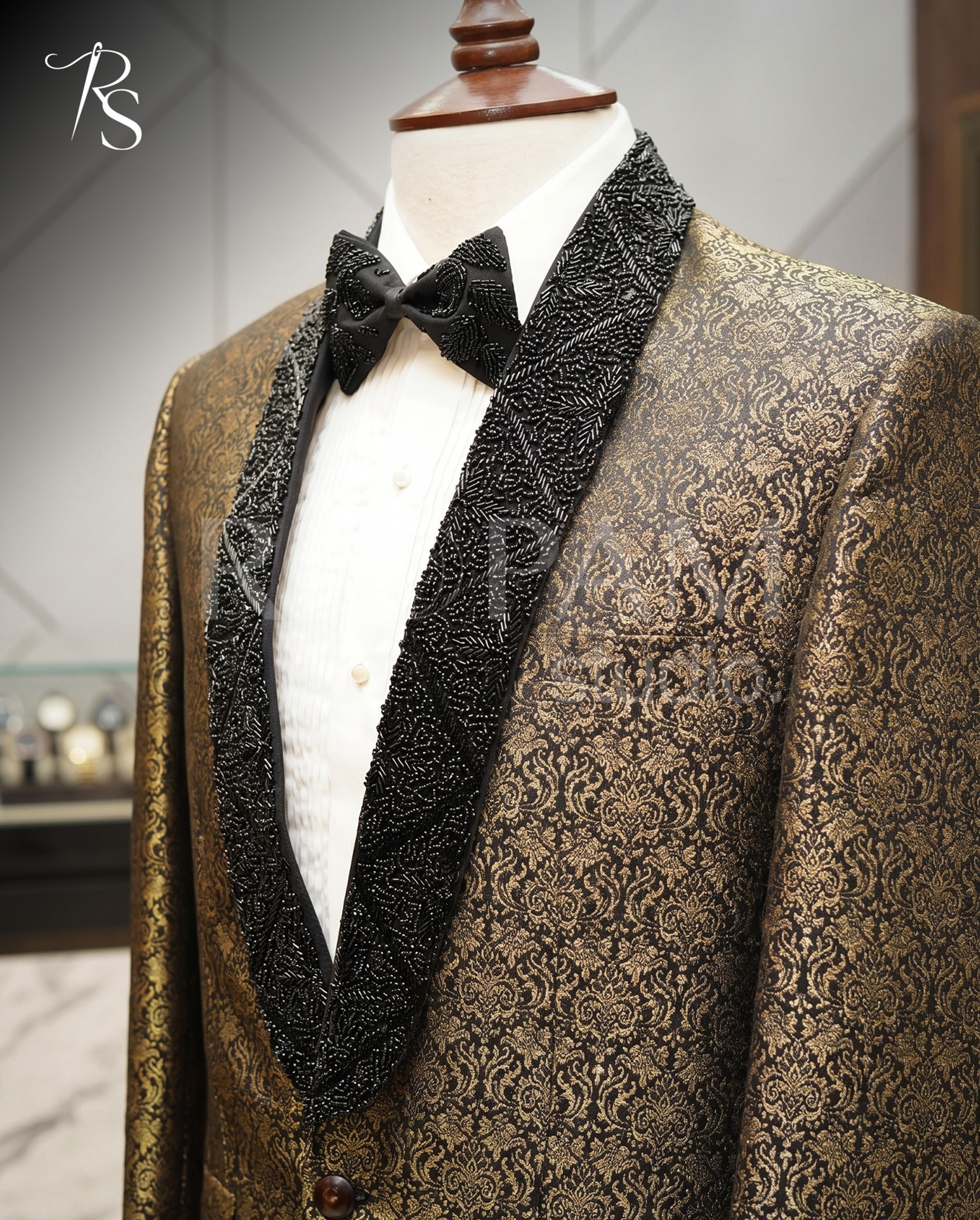 Premium Gold Jacquard Tuxedo with Beaded Lapel - Thumbnail 1