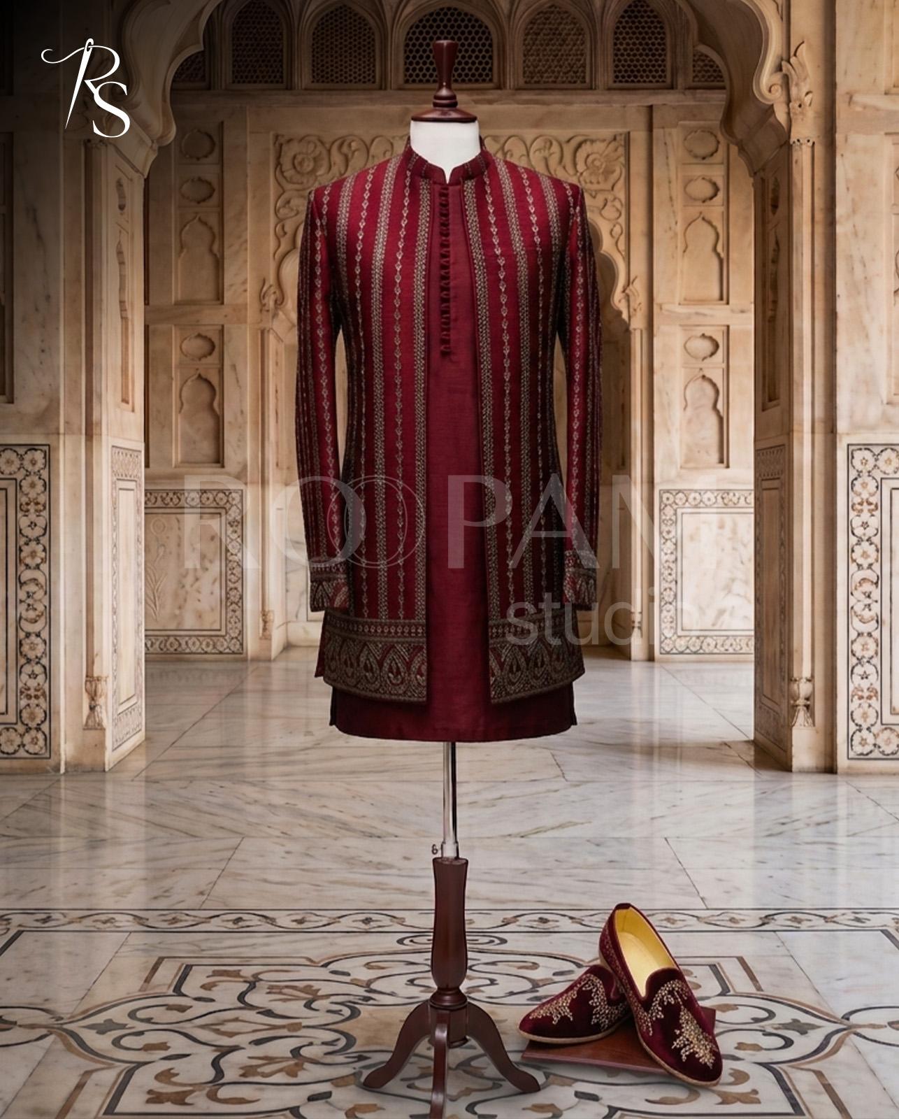 Roopam Studio Maroon Striped Embroidered Sherwani Suit - Image 1