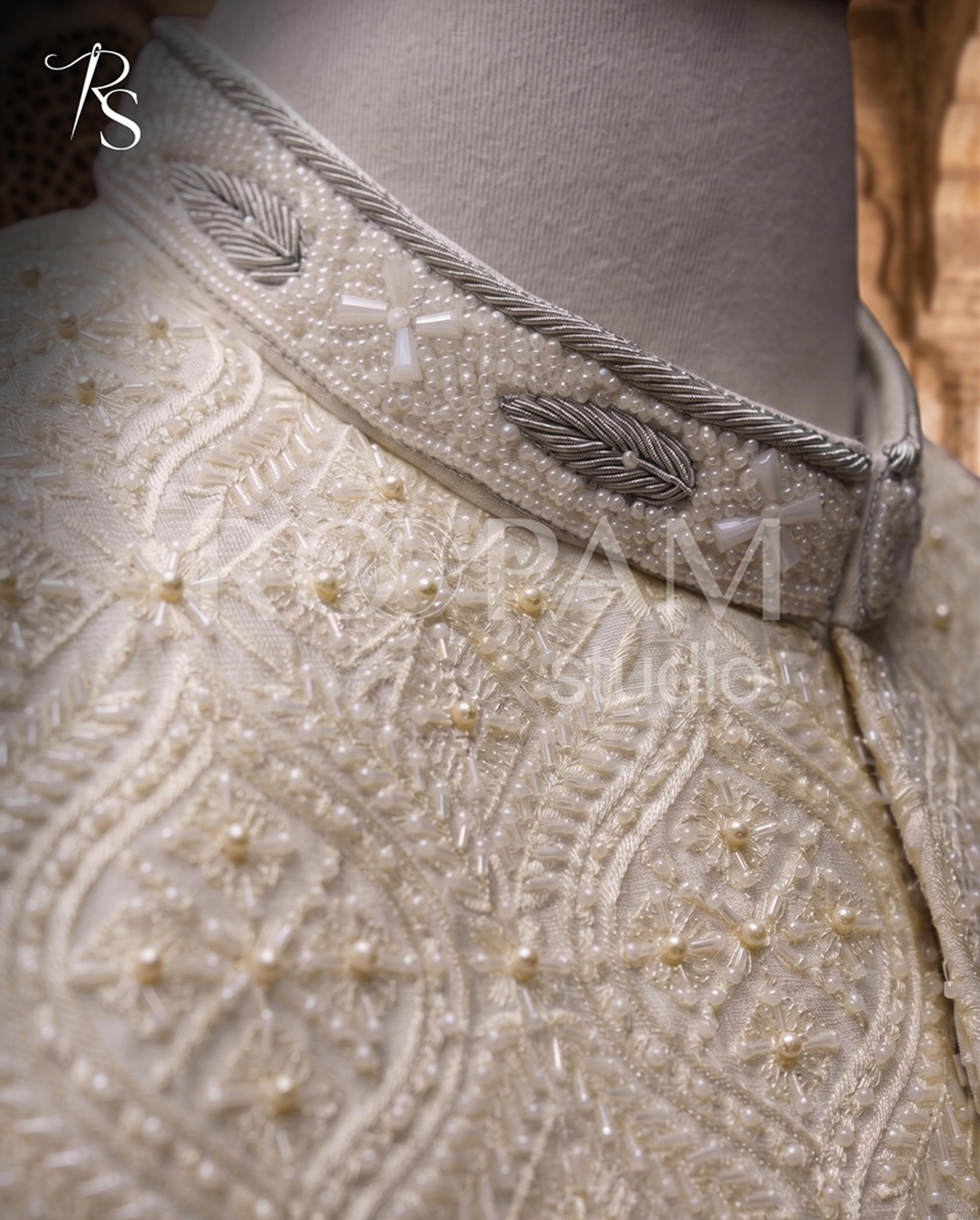 Geometric Pearl Motif Ivory Masoori Sherwani - Thumbnail 3