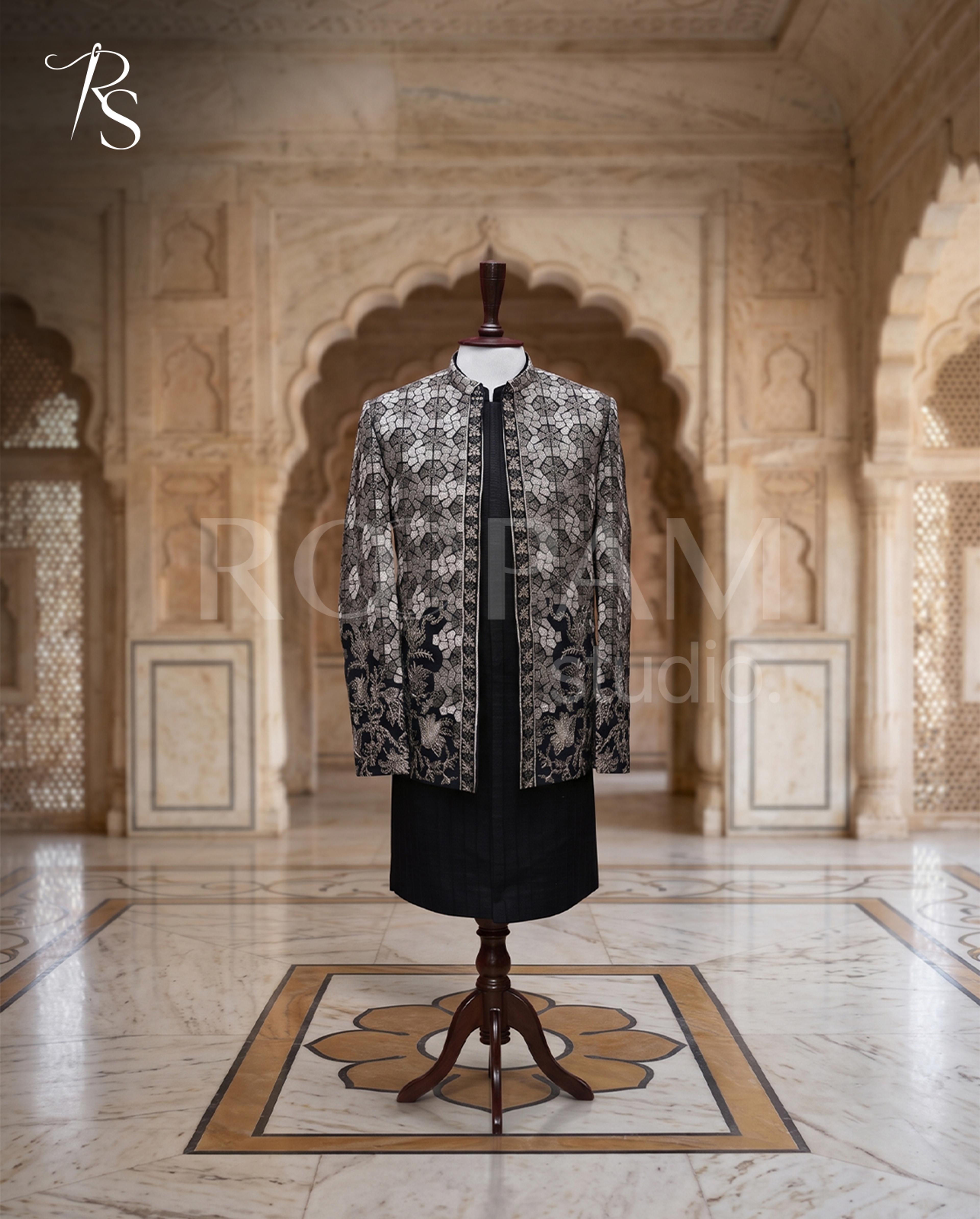 Regal Silver Mosaic Embroidered Prince Coat