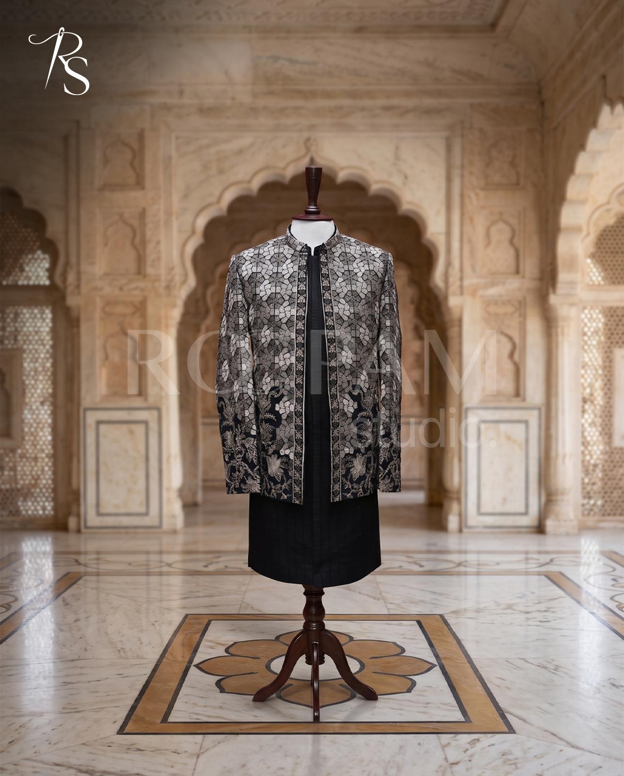 Regal Silver Mosaic Embroidered Prince Coat - Image 1