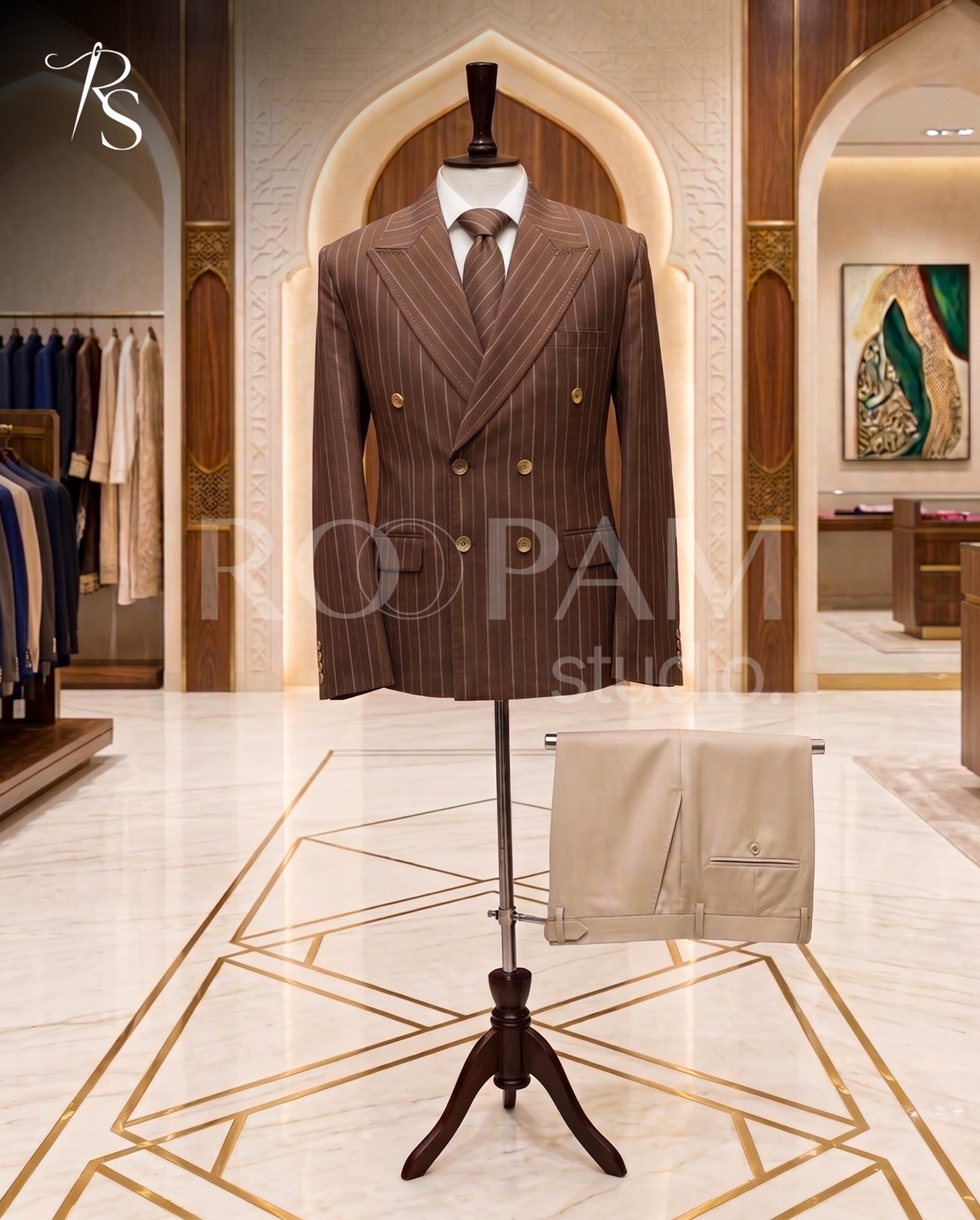 Premium Brown Pinstripe Double-Breasted Suit (2-Piece) - Thumbnail 3