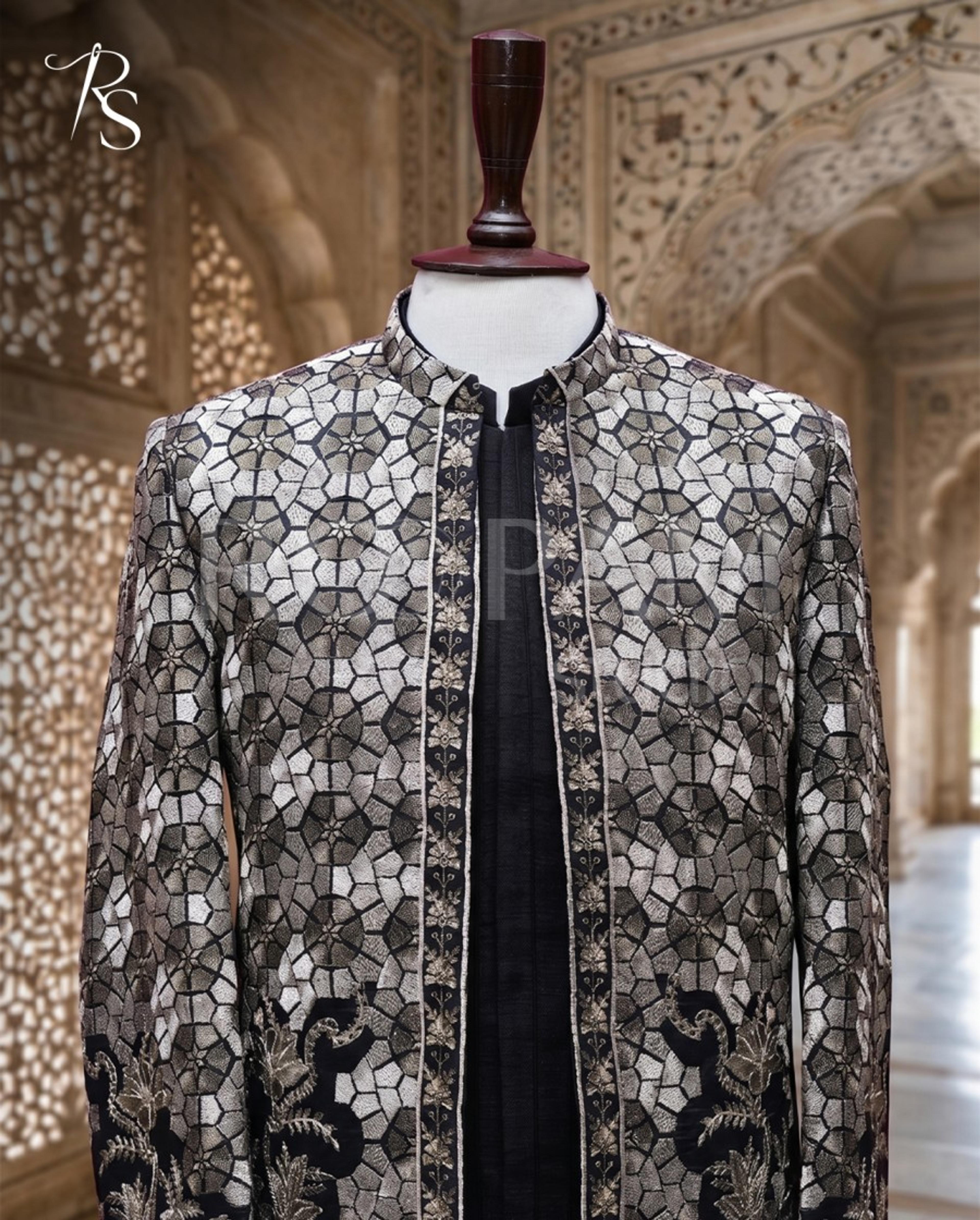 Regal Silver Mosaic Embroidered Prince Coat - Thumbnail 3
