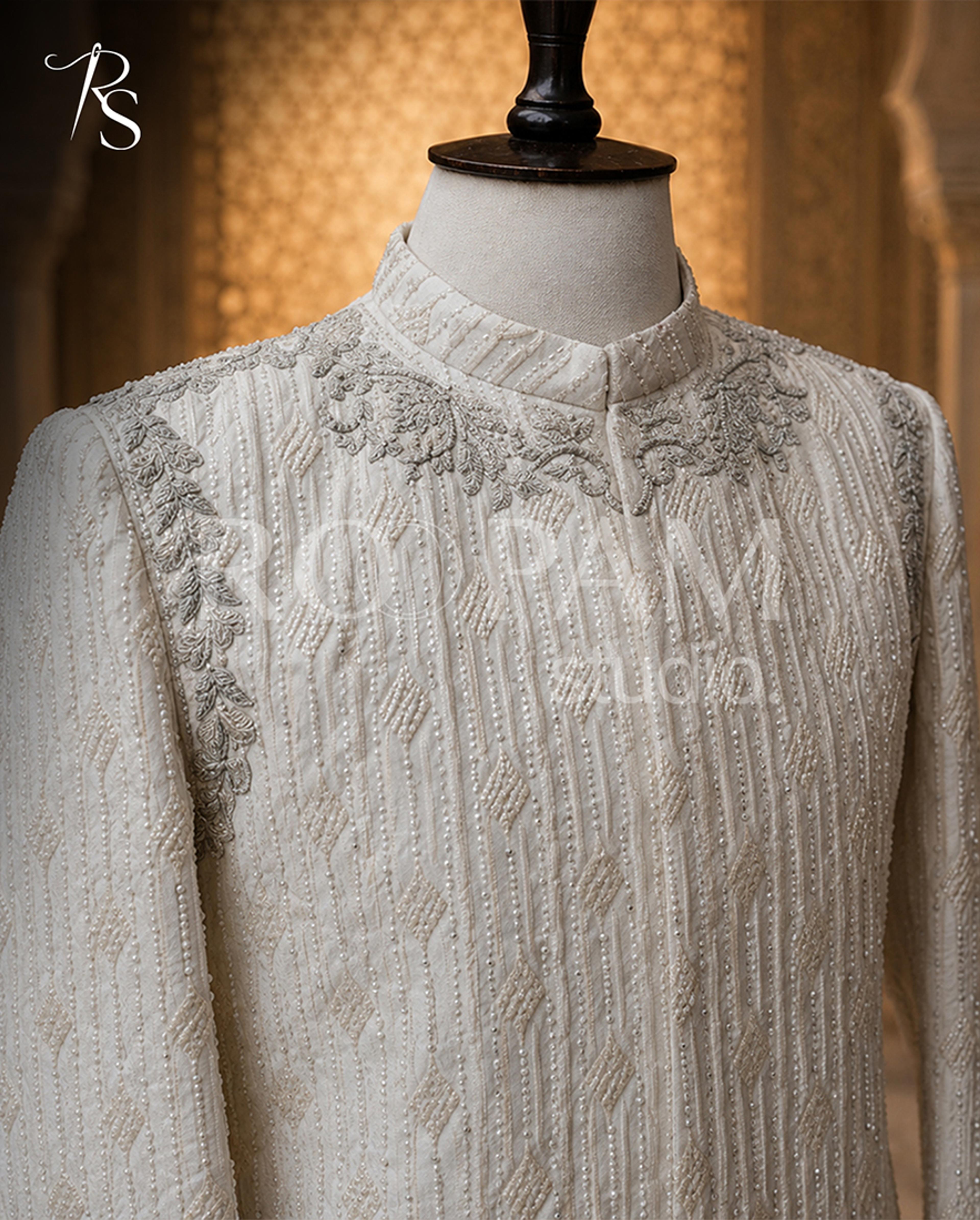 Designer Ivory Long Sherwani with Silver Accents and Pearl Embroidery - Thumbnail 3