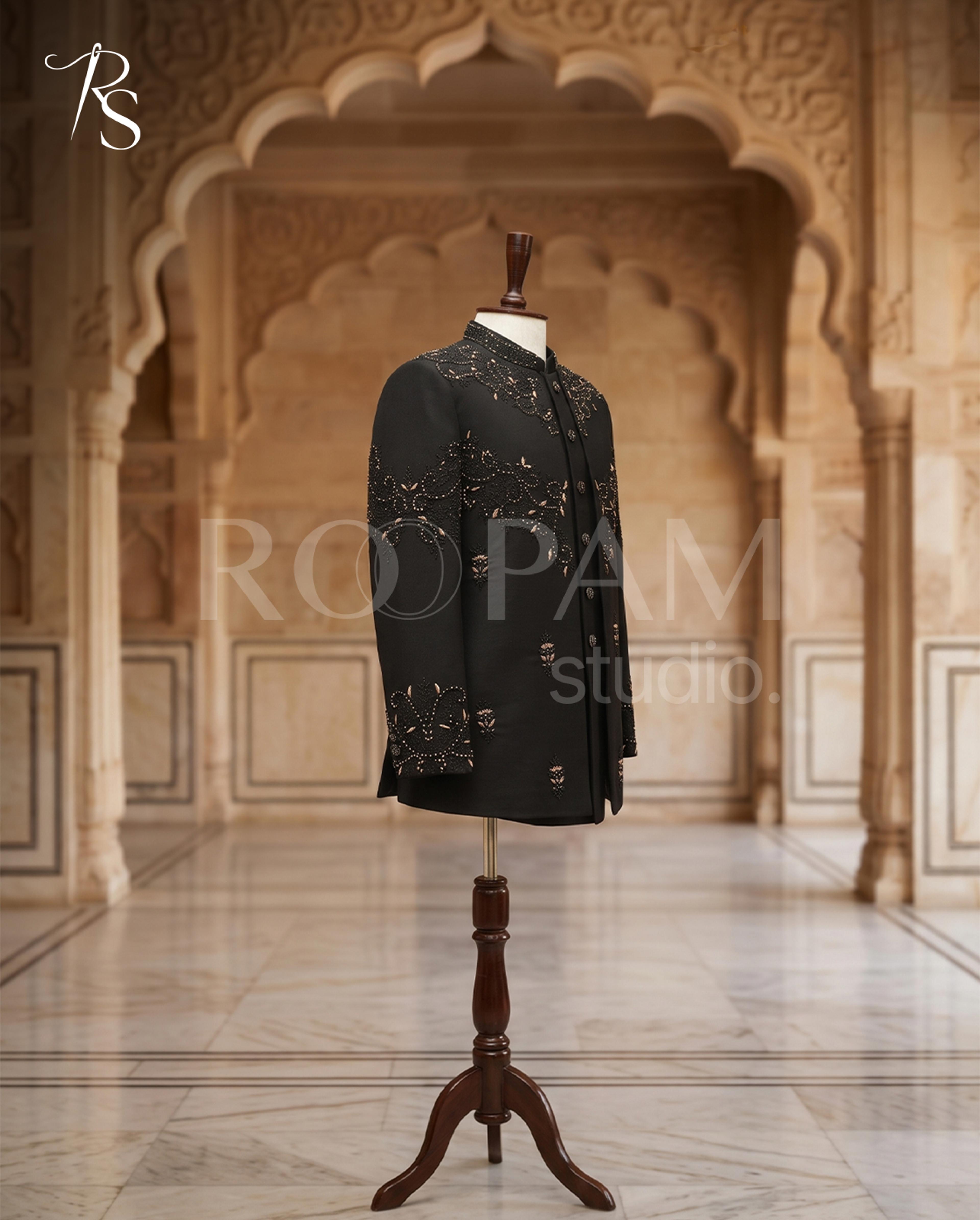 Premium Black Beaded Embellished Groom Prince Coat - Thumbnail 2