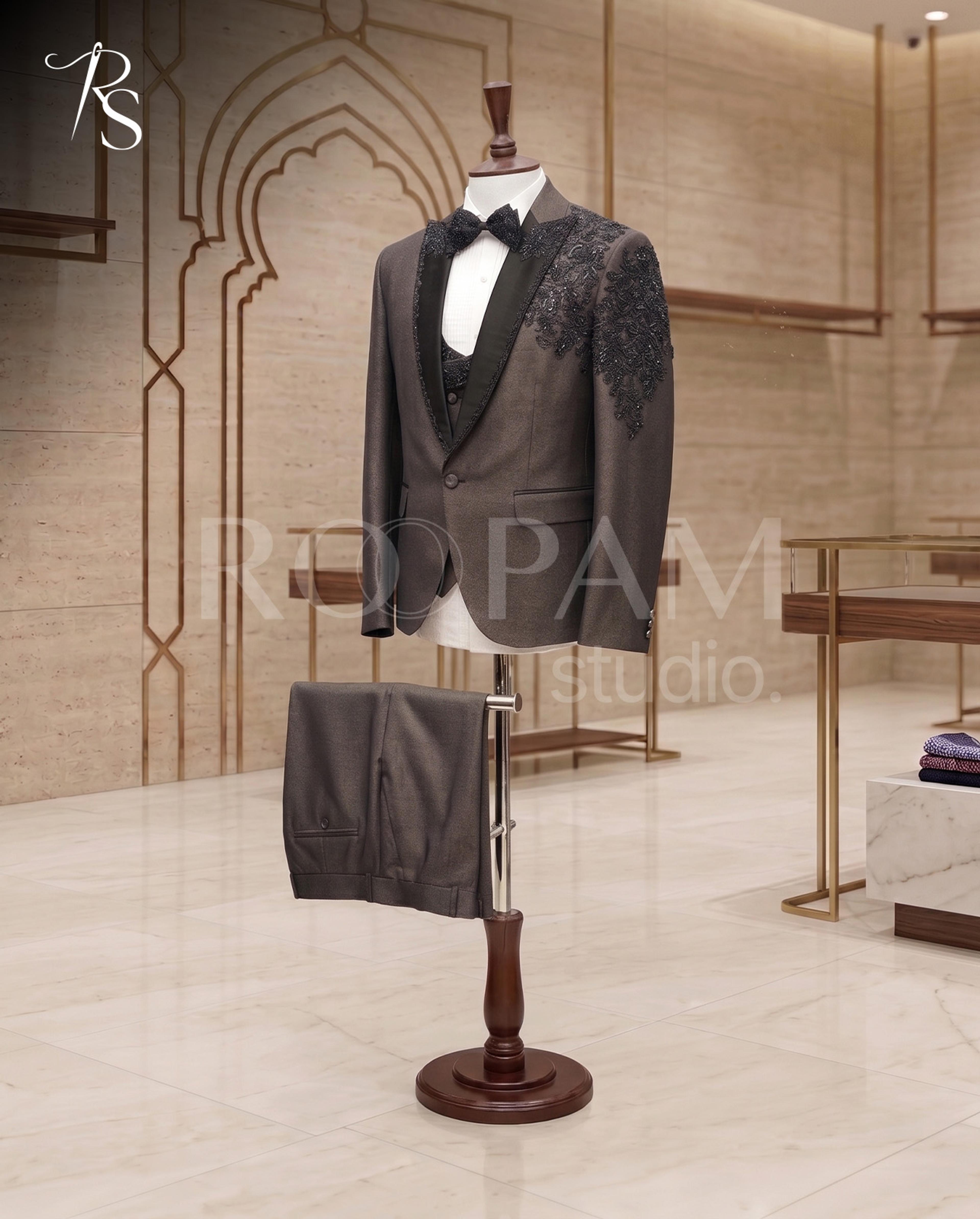 Premium Brown Embellished 3-Piece Tuxedo Suit - Thumbnail 2