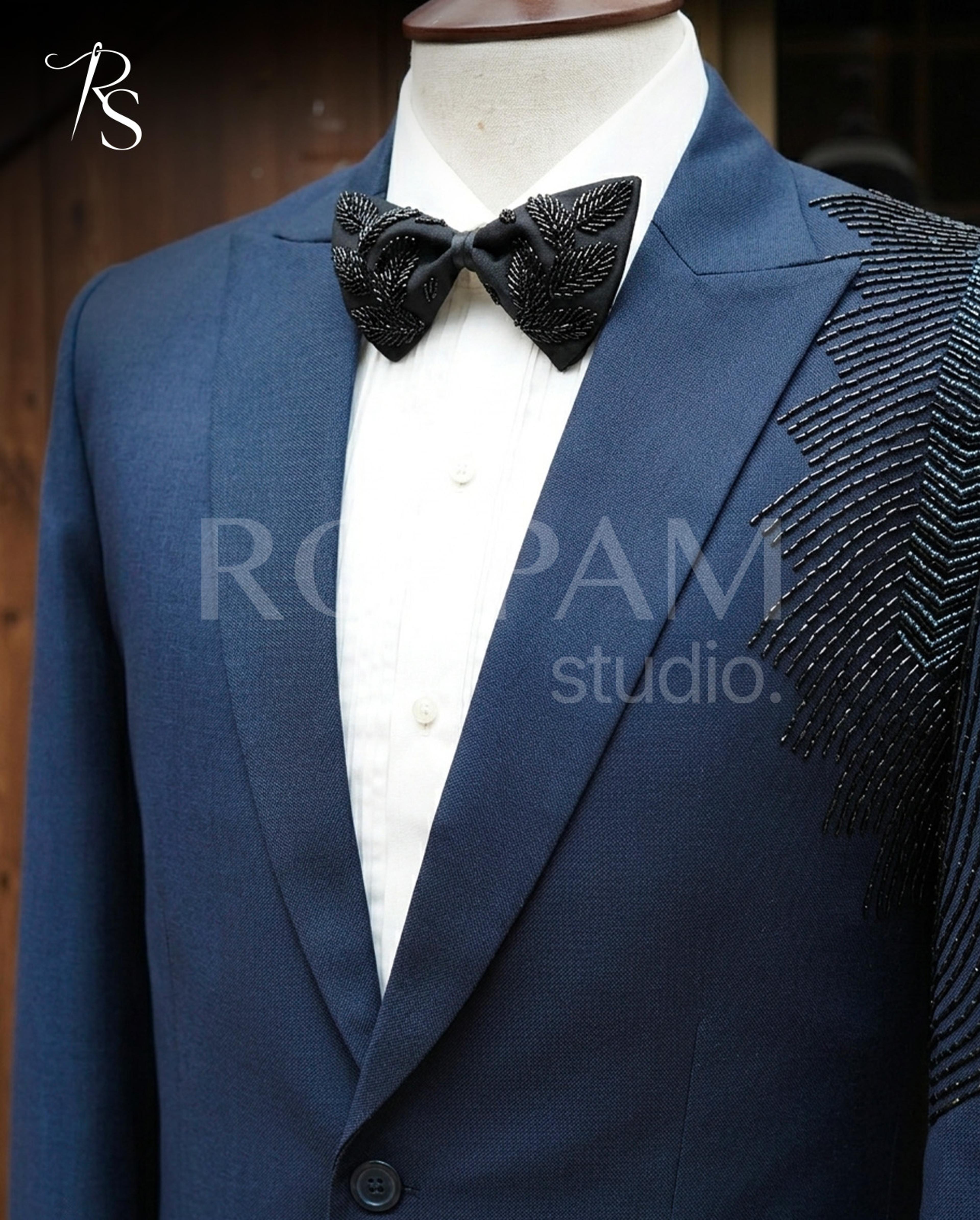 Luxury Blue Asymmetrical "Feather Motif" Beaded Pant Coat