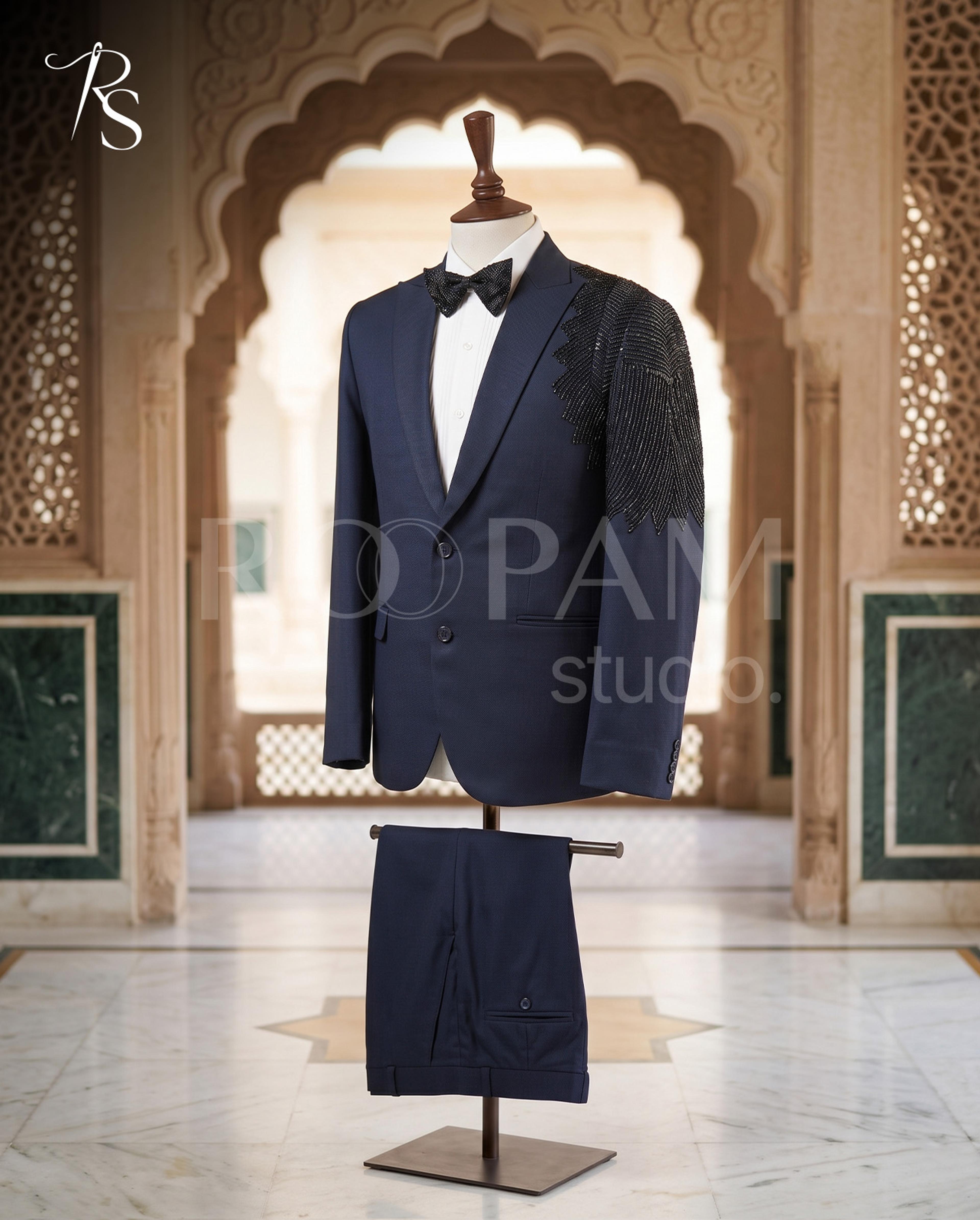 Luxury Blue Asymmetrical "Feather Motif" Beaded Pant Coat - Thumbnail 2