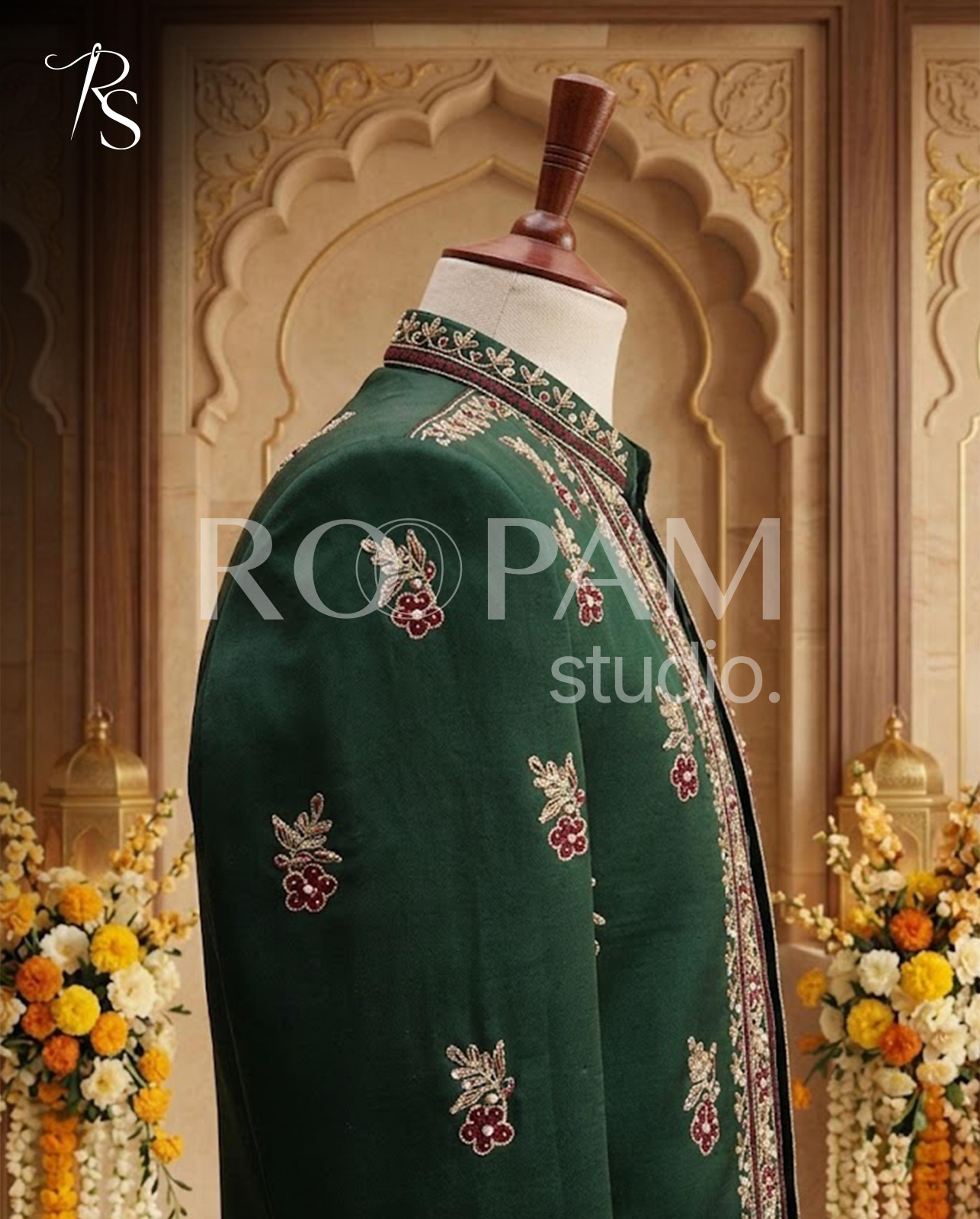 Premium Emerald Green Embroidered Prince Coat – Mehndi Suit for Boys & Men - Thumbnail 2