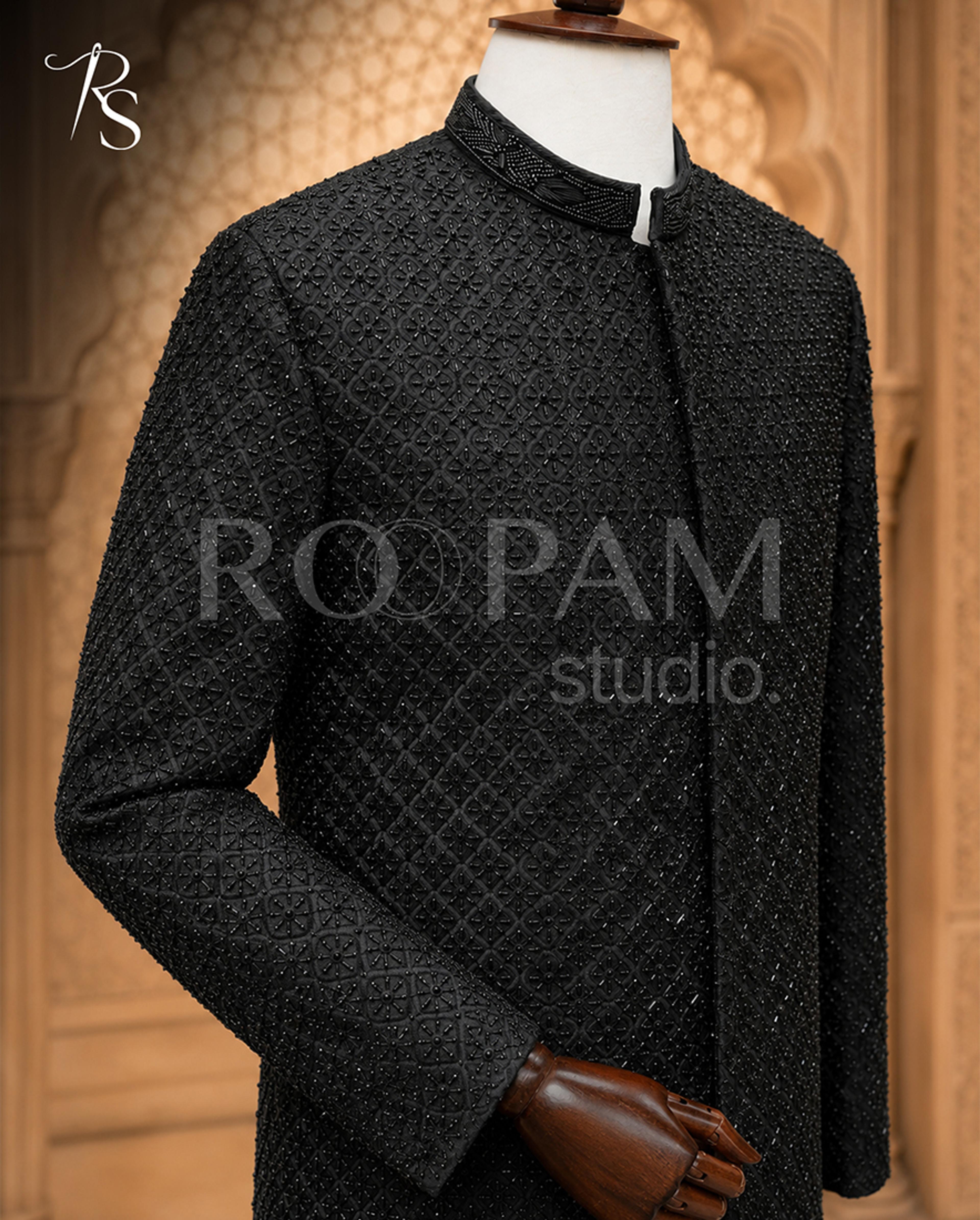 Midnight Onyx Heavily Beaded Bandhgala Sherwani - Thumbnail 2