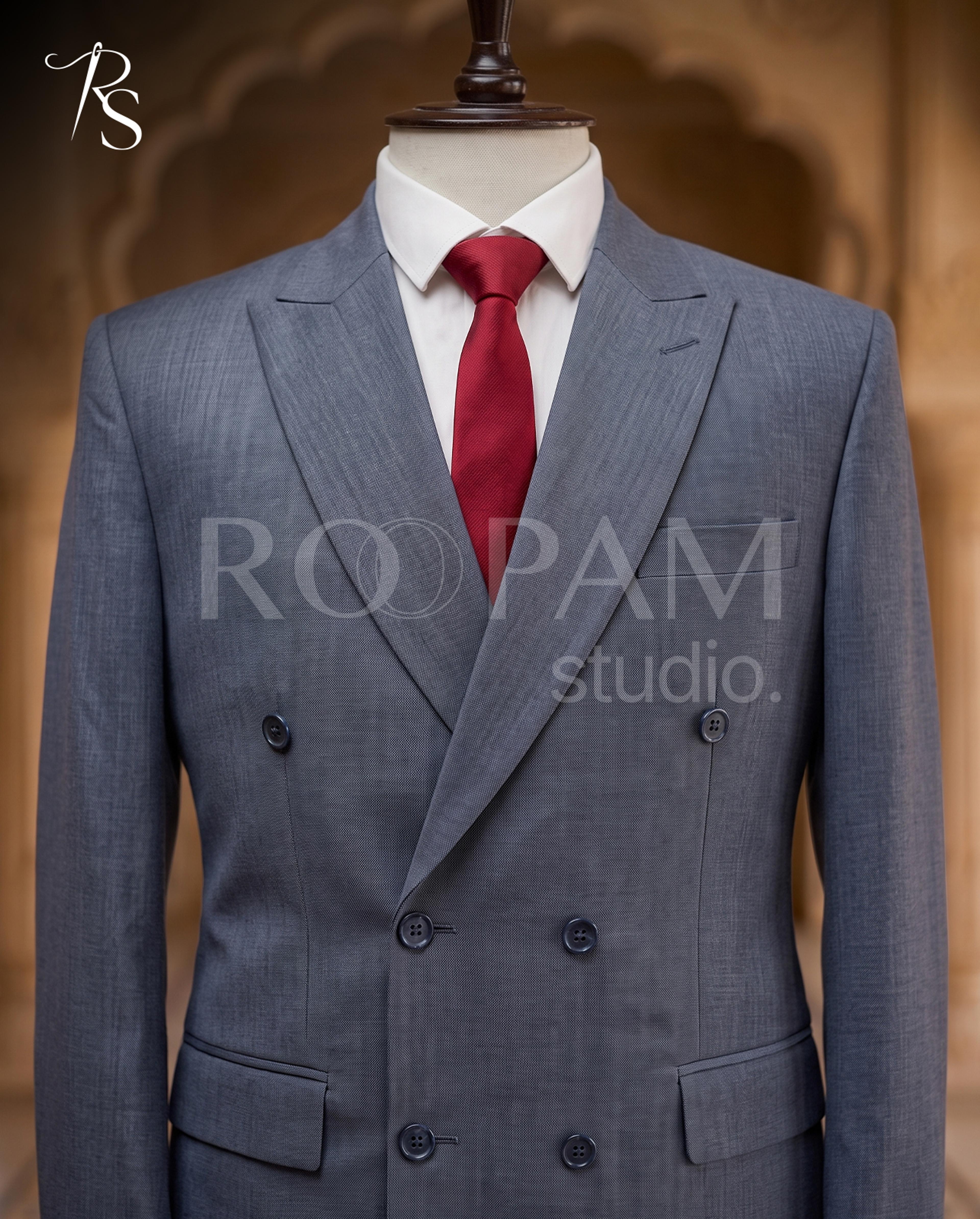 Premium Slate Blue Double-Breasted Suit (2-Piece) - Thumbnail 3