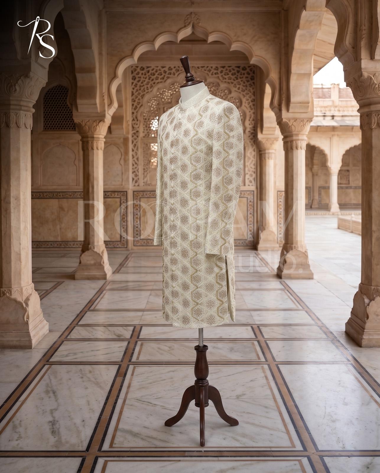 Premium Heavily Embroidered Hexagon Pattern Sherwani - Image 1