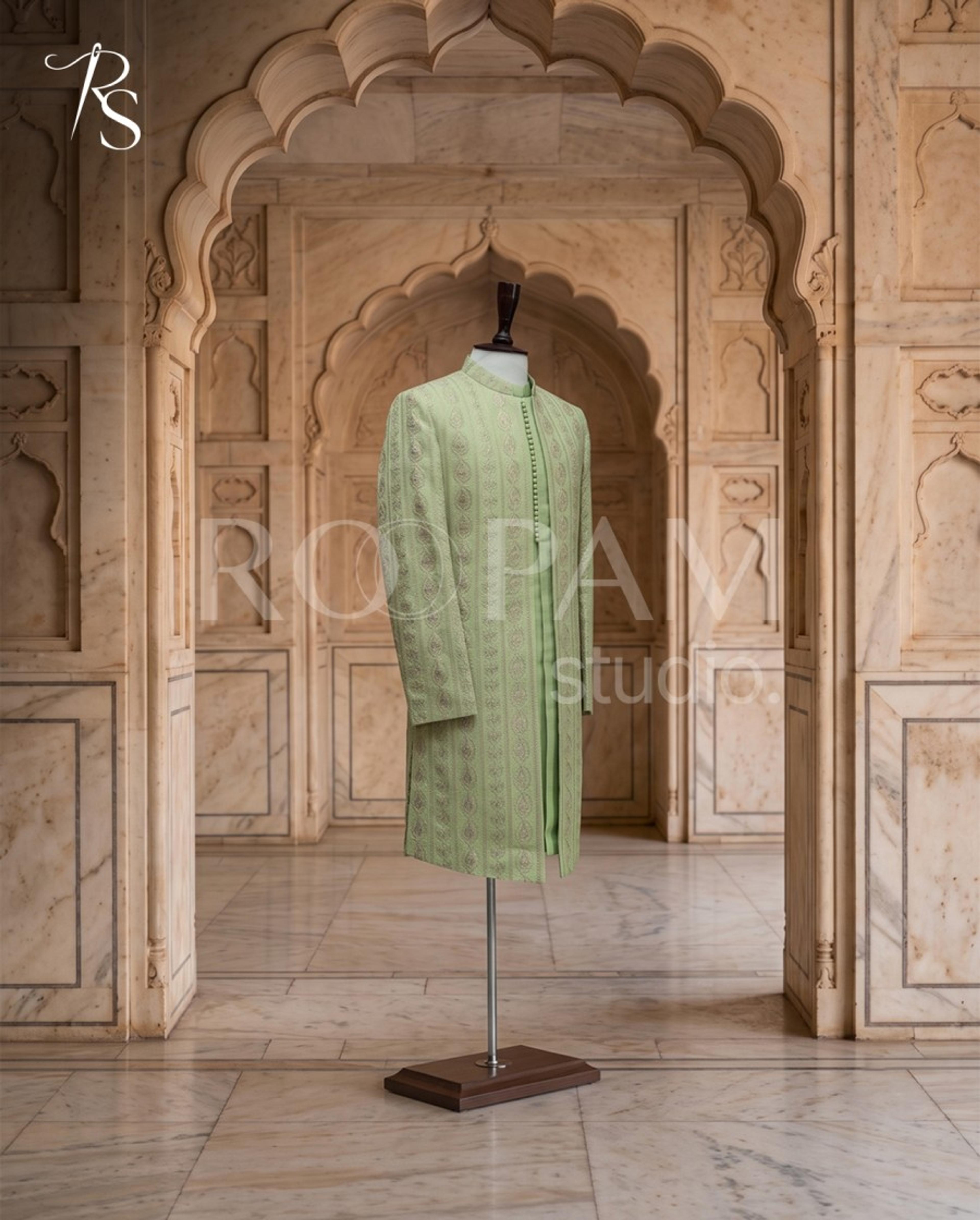 Pistachio Green Embroidered Groom Sherwani