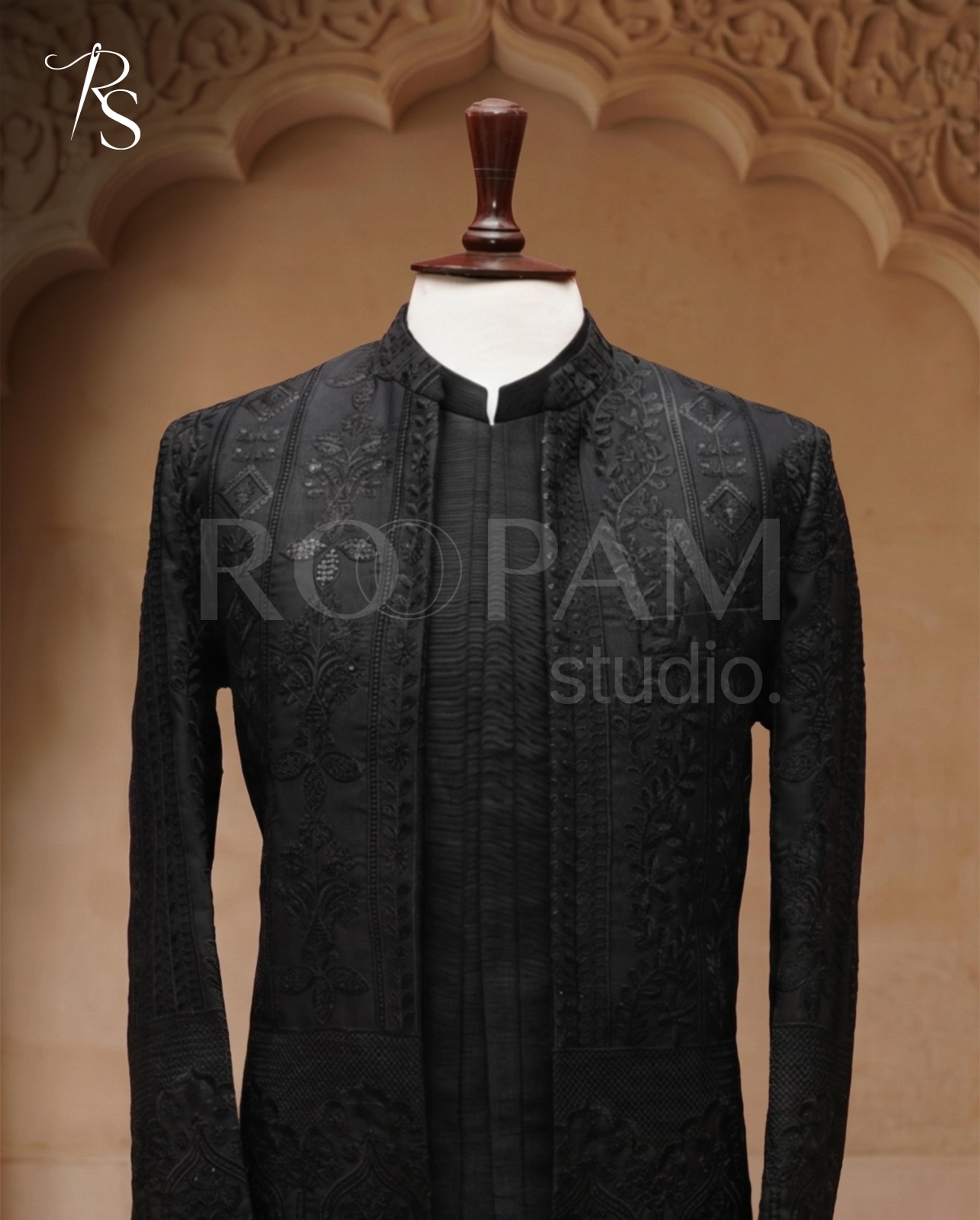 Black Self-Embroidered Groom Prince Coat - Thumbnail 2