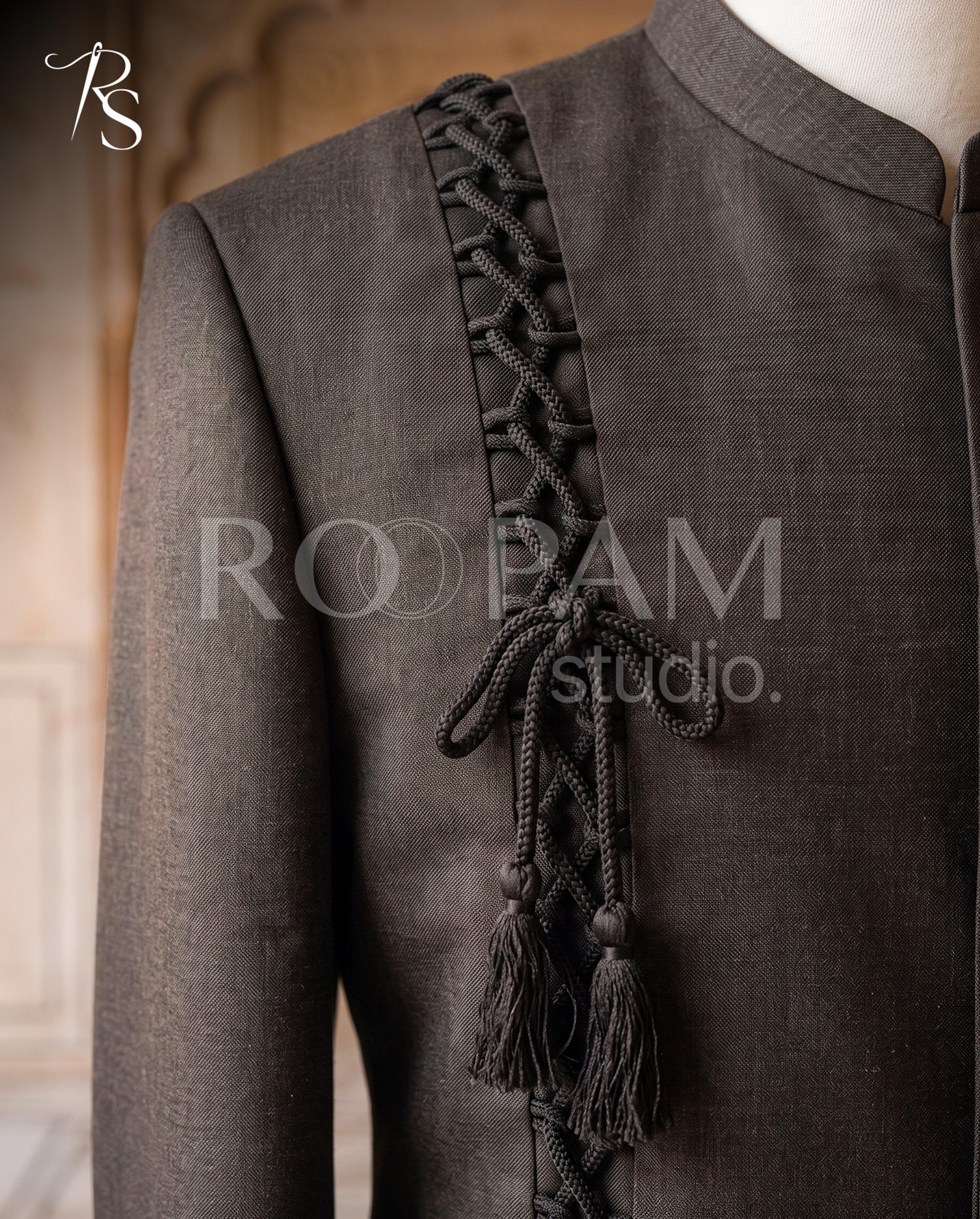 Luxury Jet Black Braided-Accent Designer Sherwani - Thumbnail 2