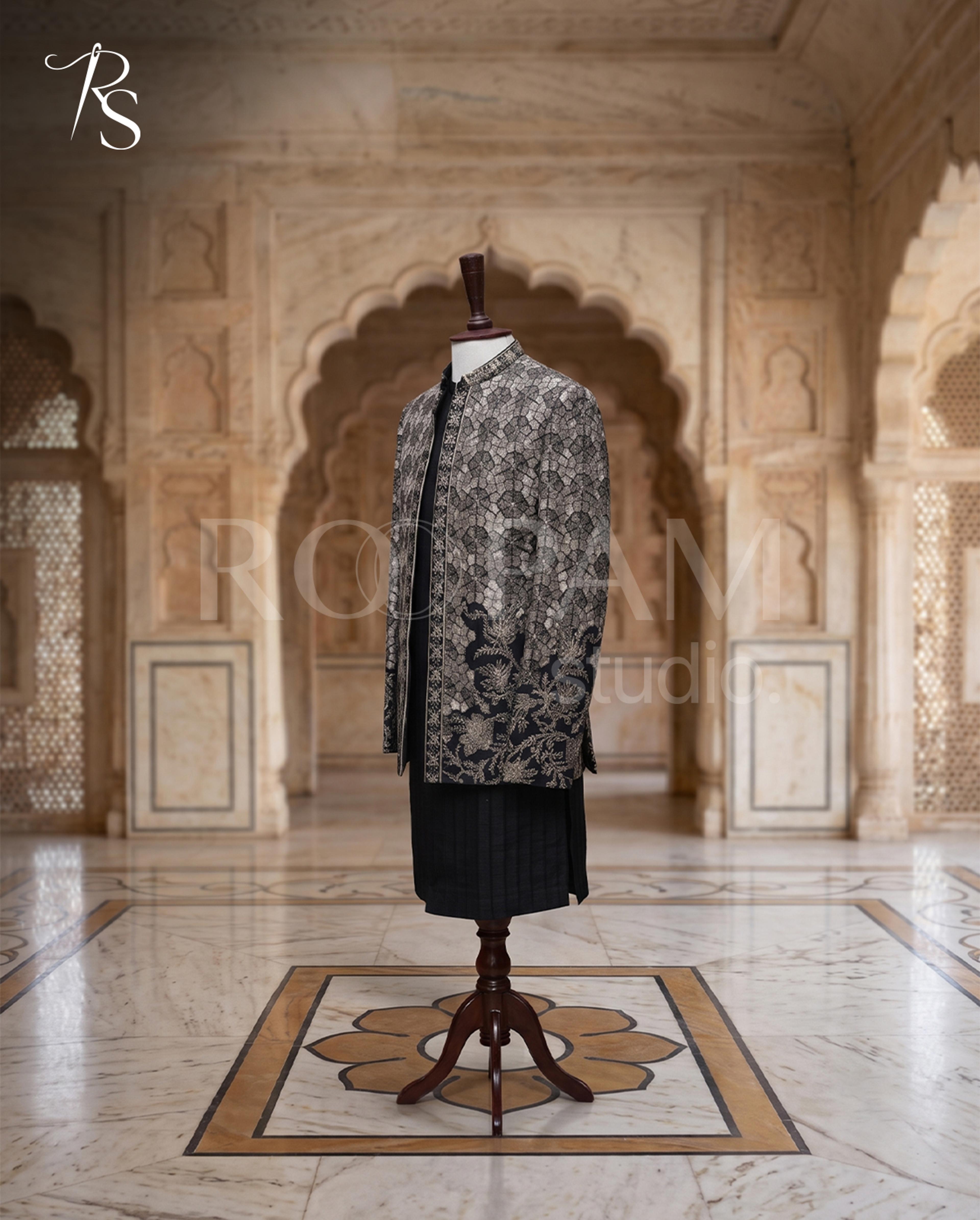 Regal Silver Mosaic Embroidered Prince Coat - Thumbnail 2