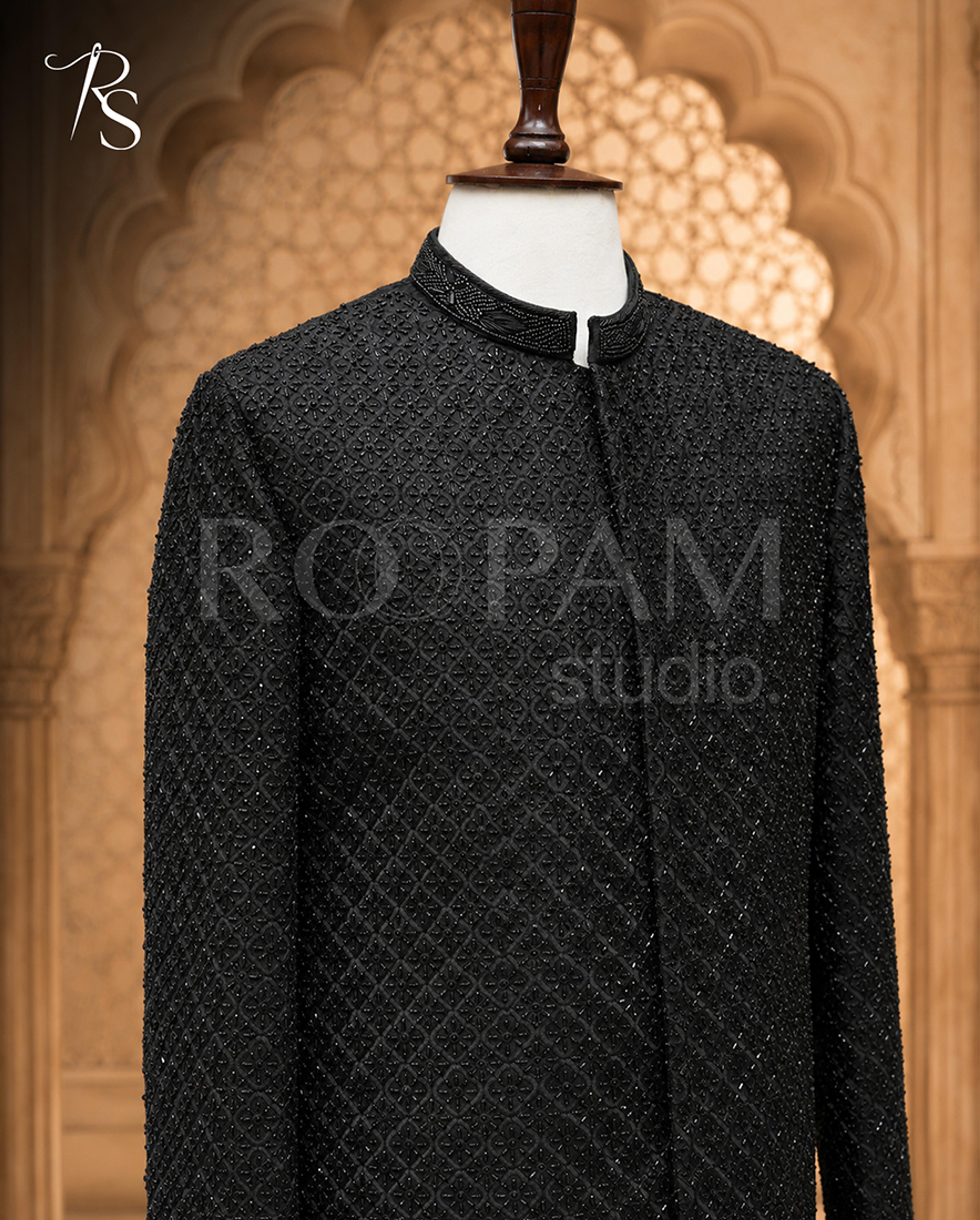 Midnight Onyx Heavily Beaded Bandhgala Sherwani - Thumbnail 3