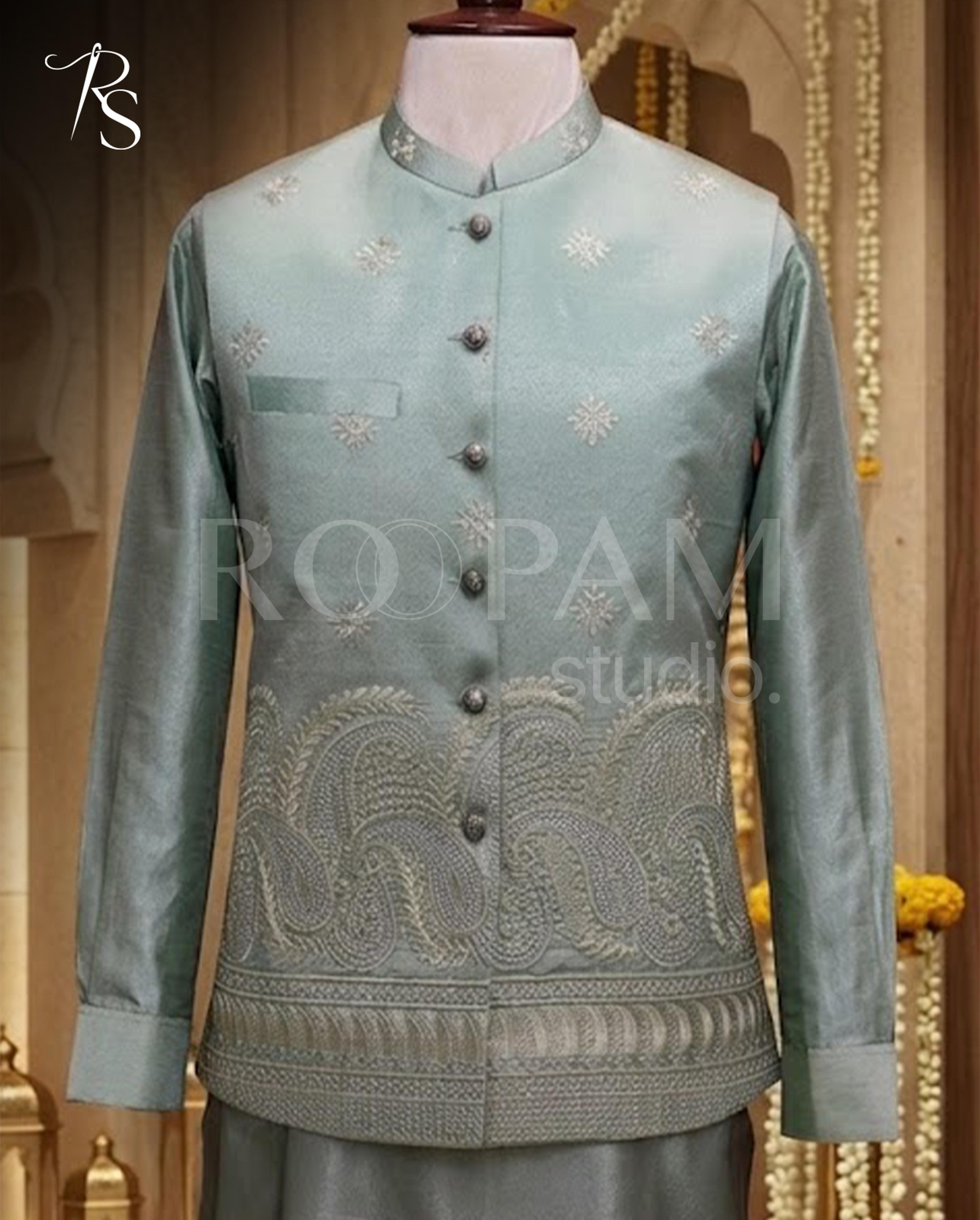 Premium Sage Green Embroidered Waistcoat & Kurta Set | Men's Mehndi Dress - Thumbnail 3