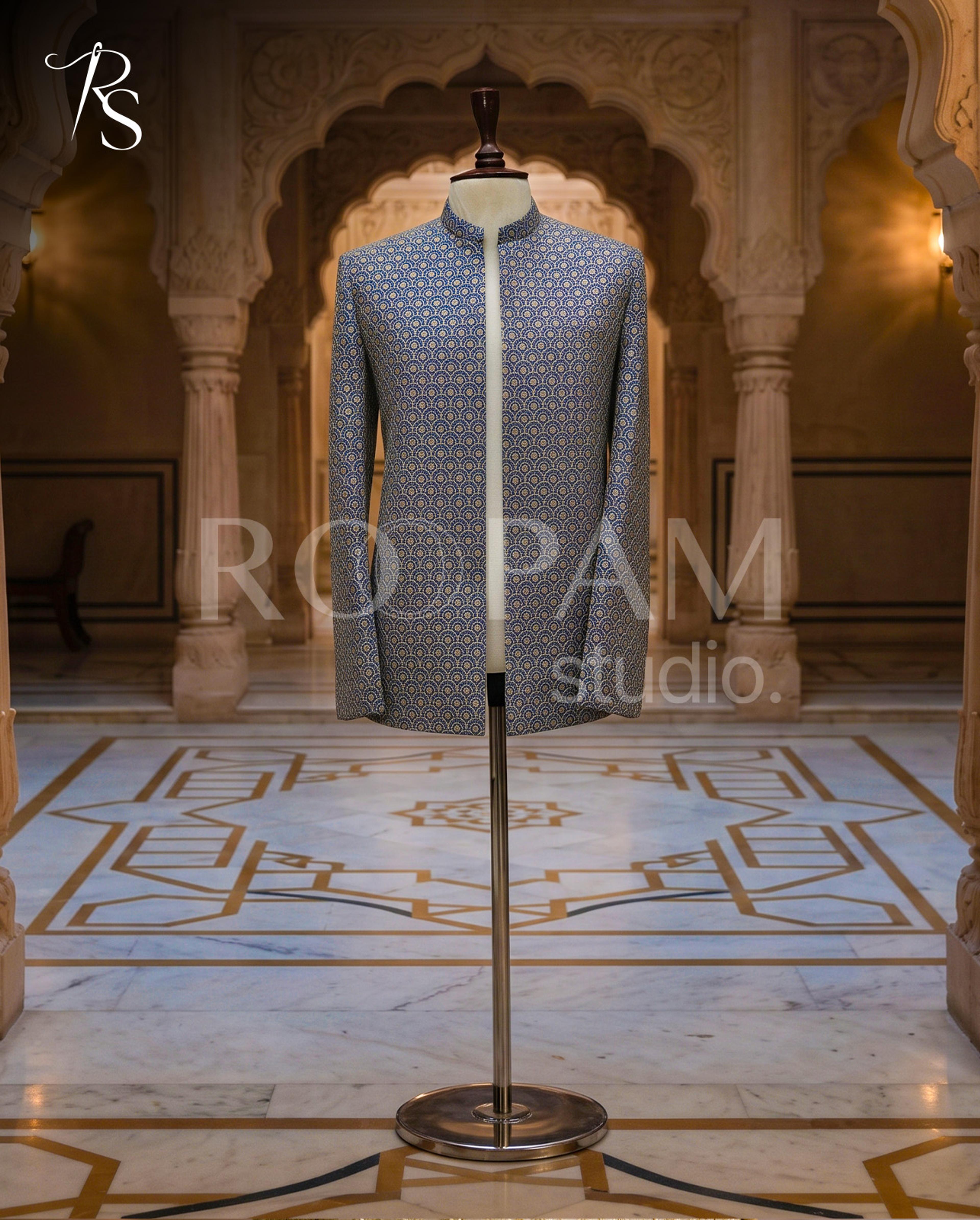 Luxury Royal Blue Scalloped Arch Embroidered Prince Coat - Thumbnail 4