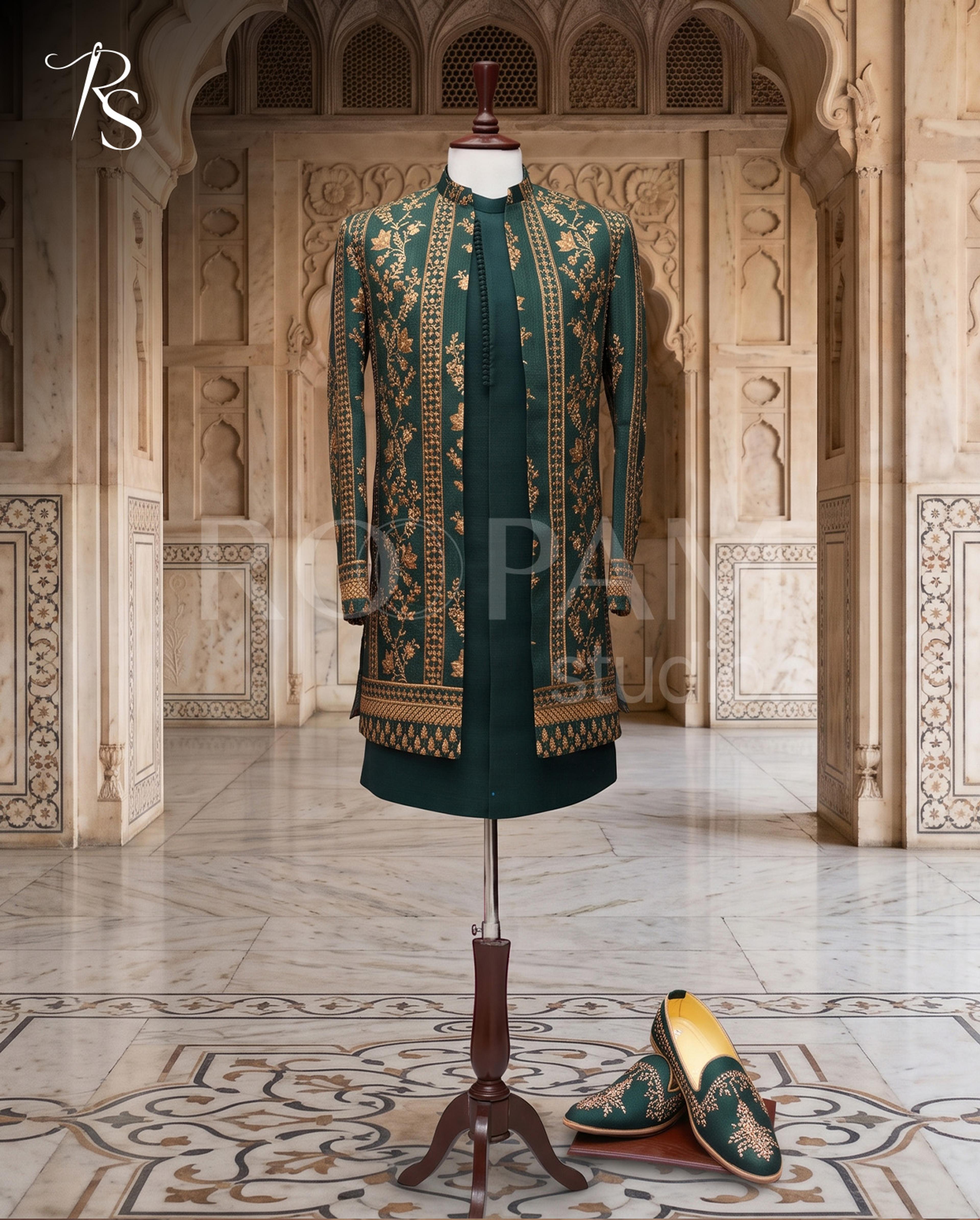 Roopam Studio Emerald Green Gold Embroidered Sherwani Set - Thumbnail 4