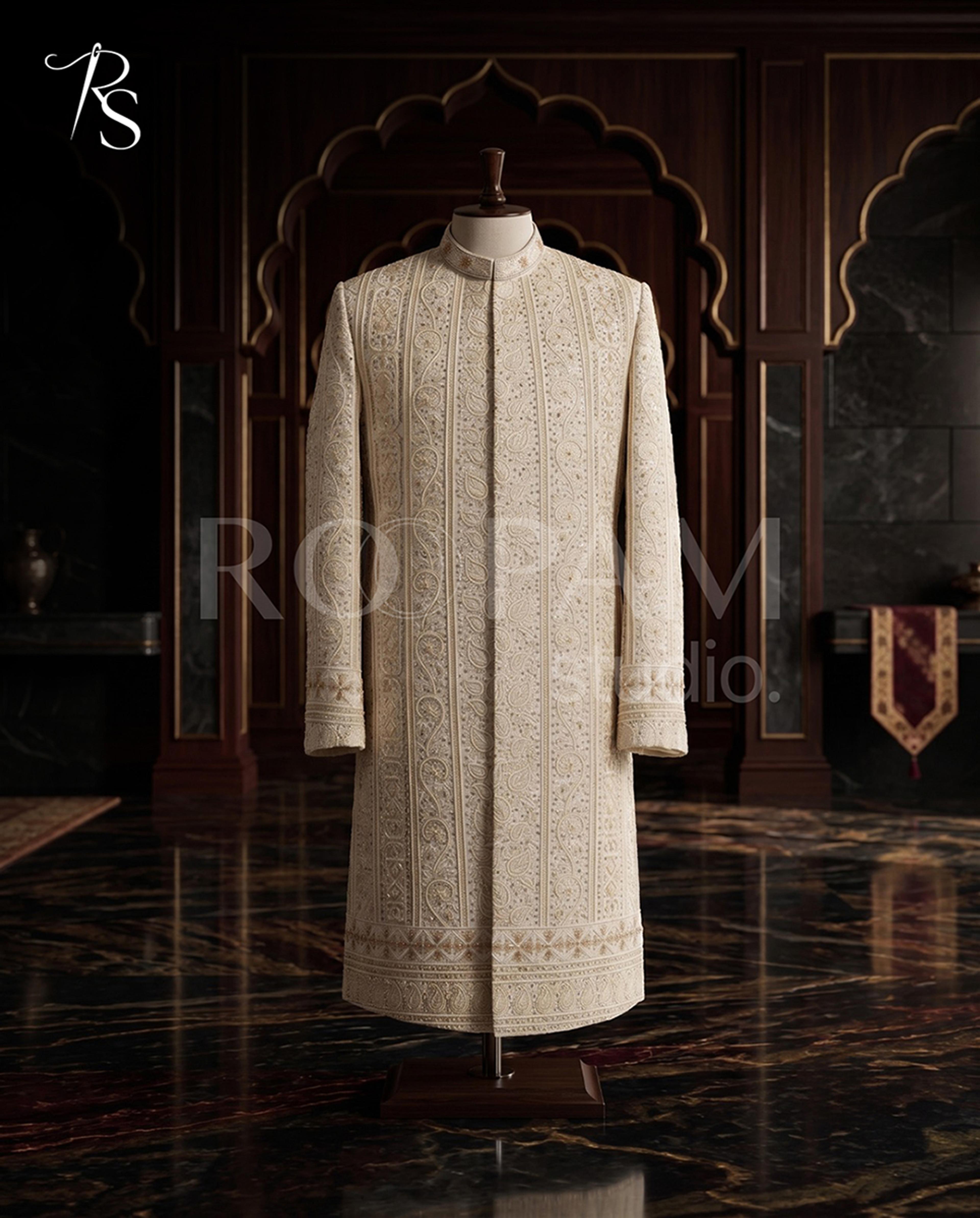 Ivory Gold Embroidered Masoori Groom's Sherwani - Thumbnail 3