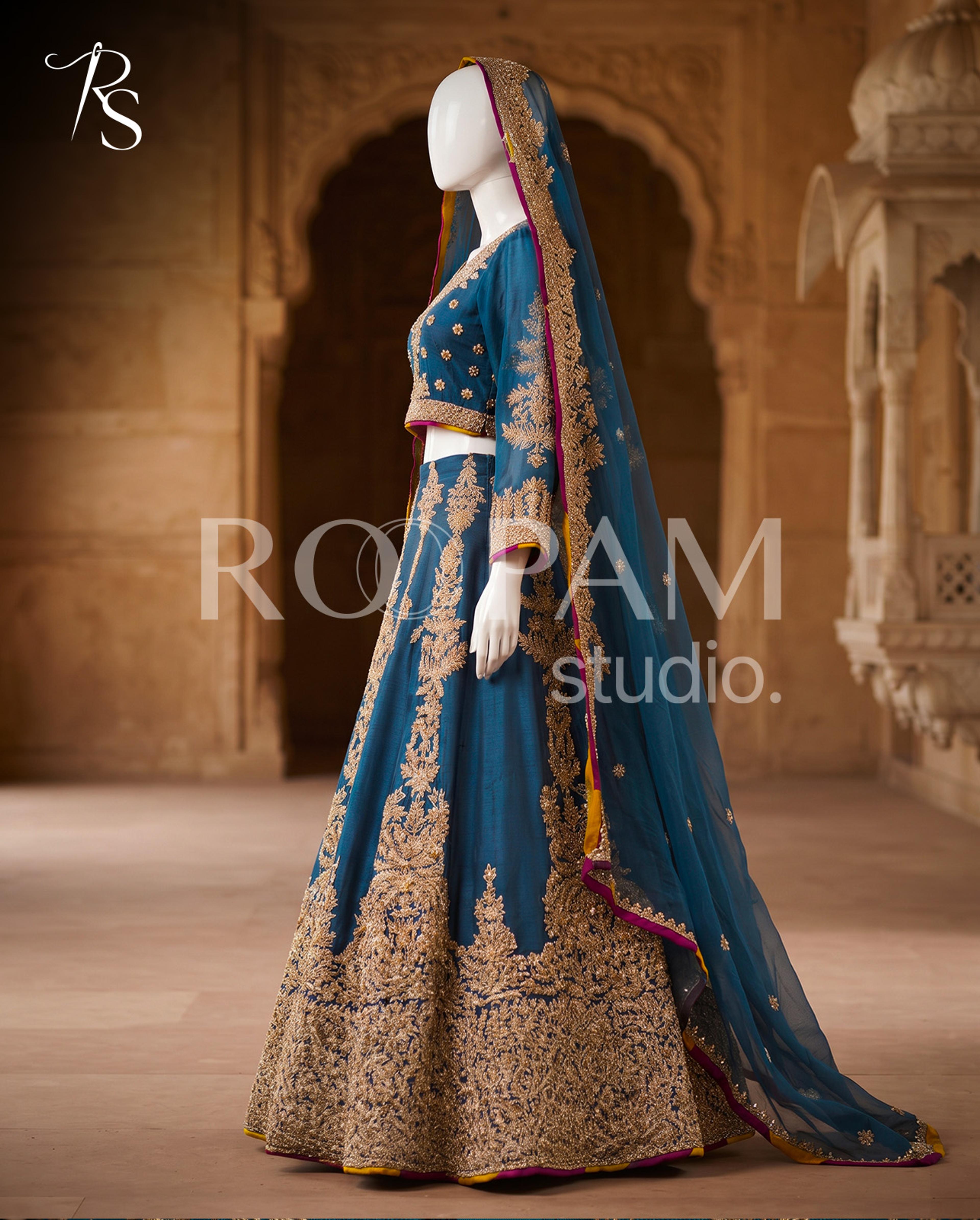 Midnight Teal Zardozi Mehndi Lehenga - Thumbnail 5