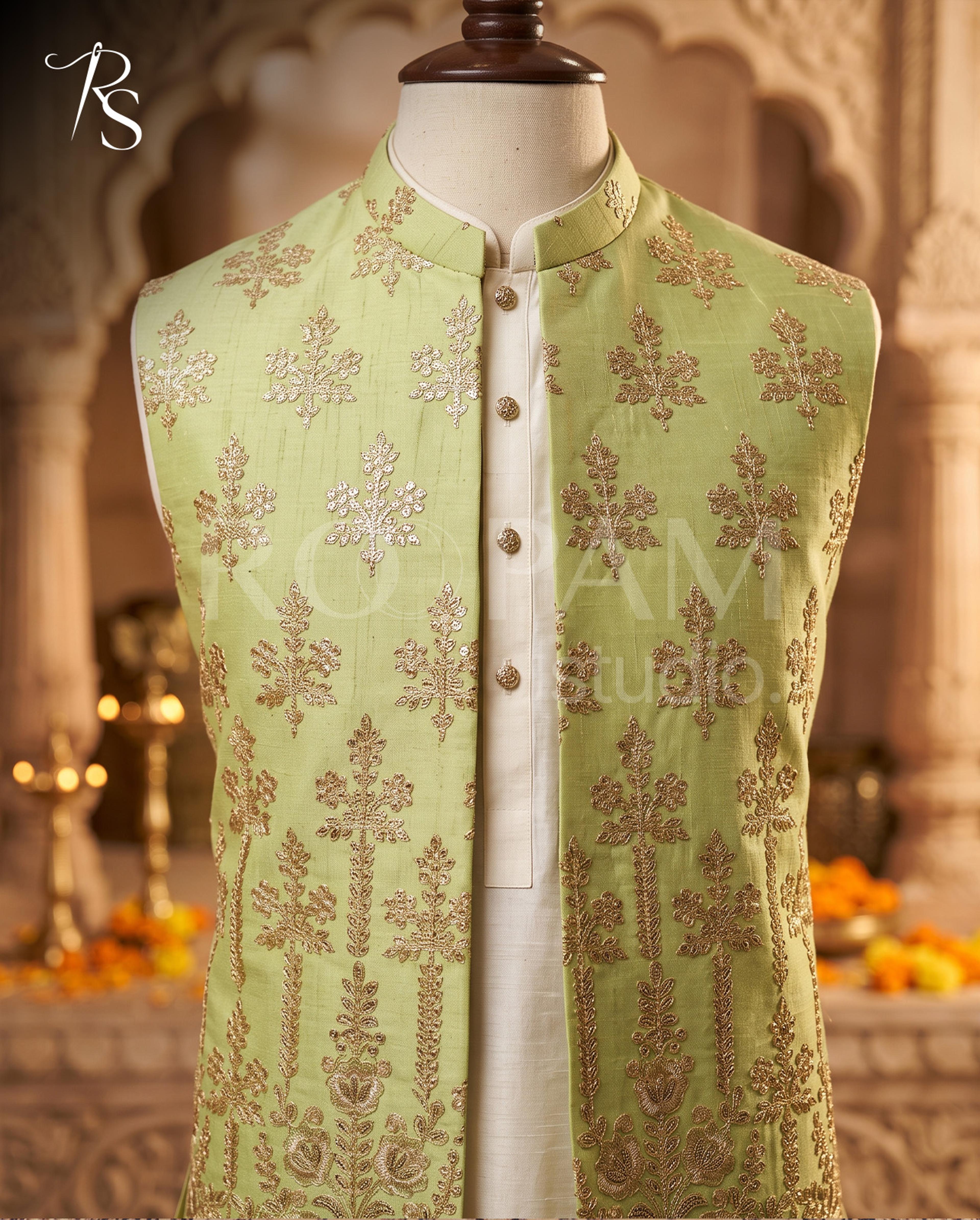 Roopam Studio Mint Green Embroidered Luxury Silk Waistcoat - Thumbnail 3