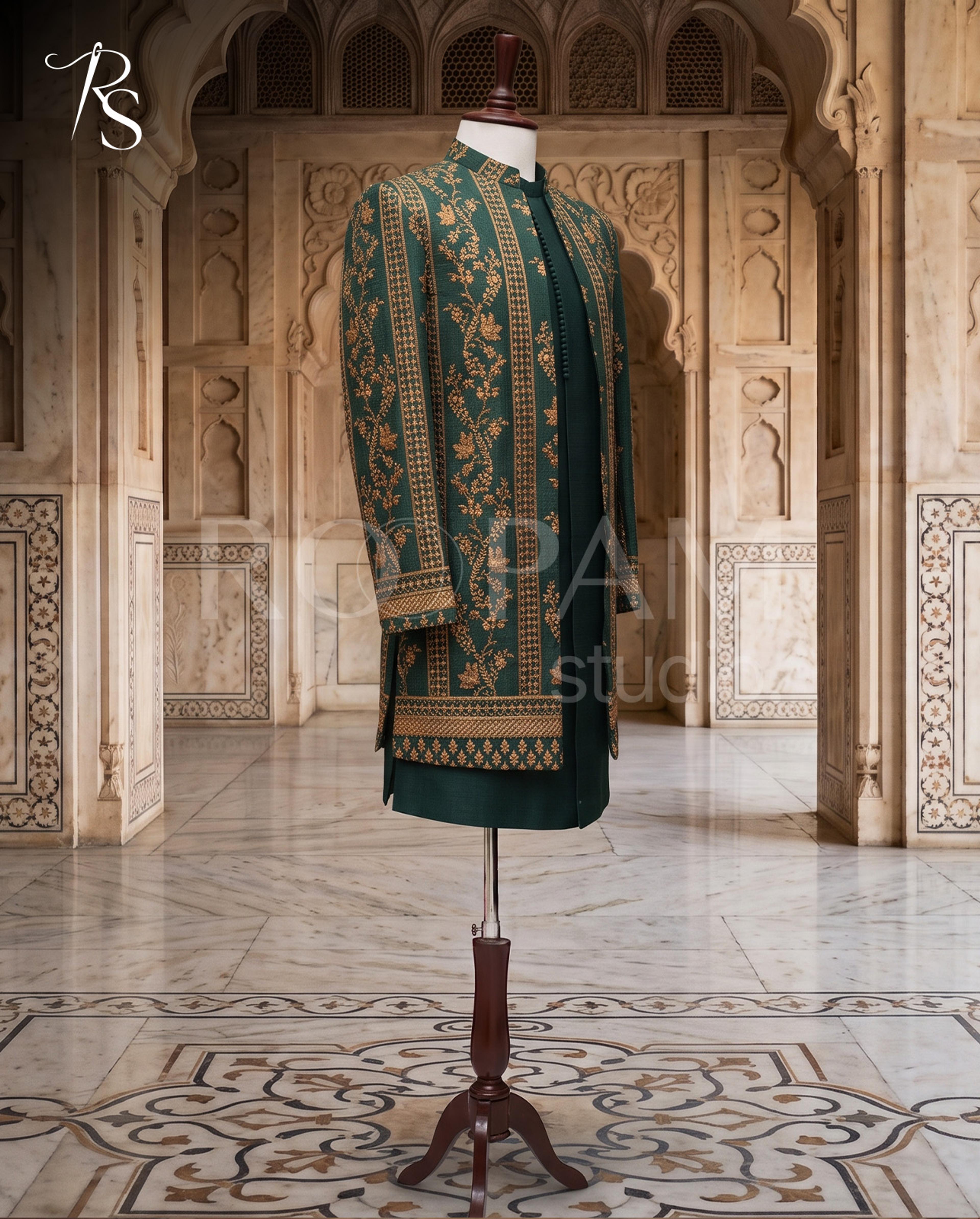 Roopam Studio Emerald Green Gold Embroidered Sherwani Set