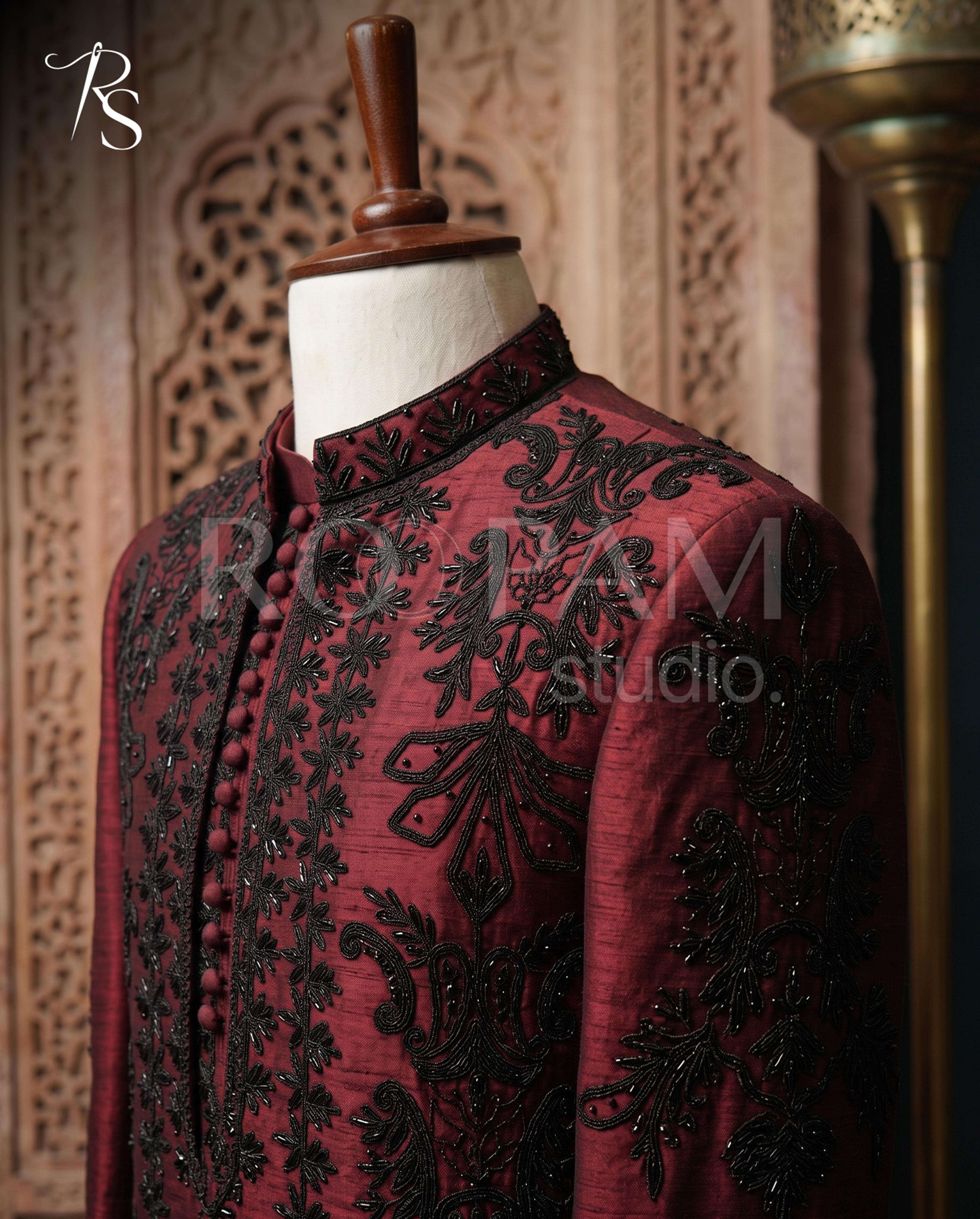 Roopam Studio Luxury Maroon Embroidered Sherwani and Kurta Set - Thumbnail 2