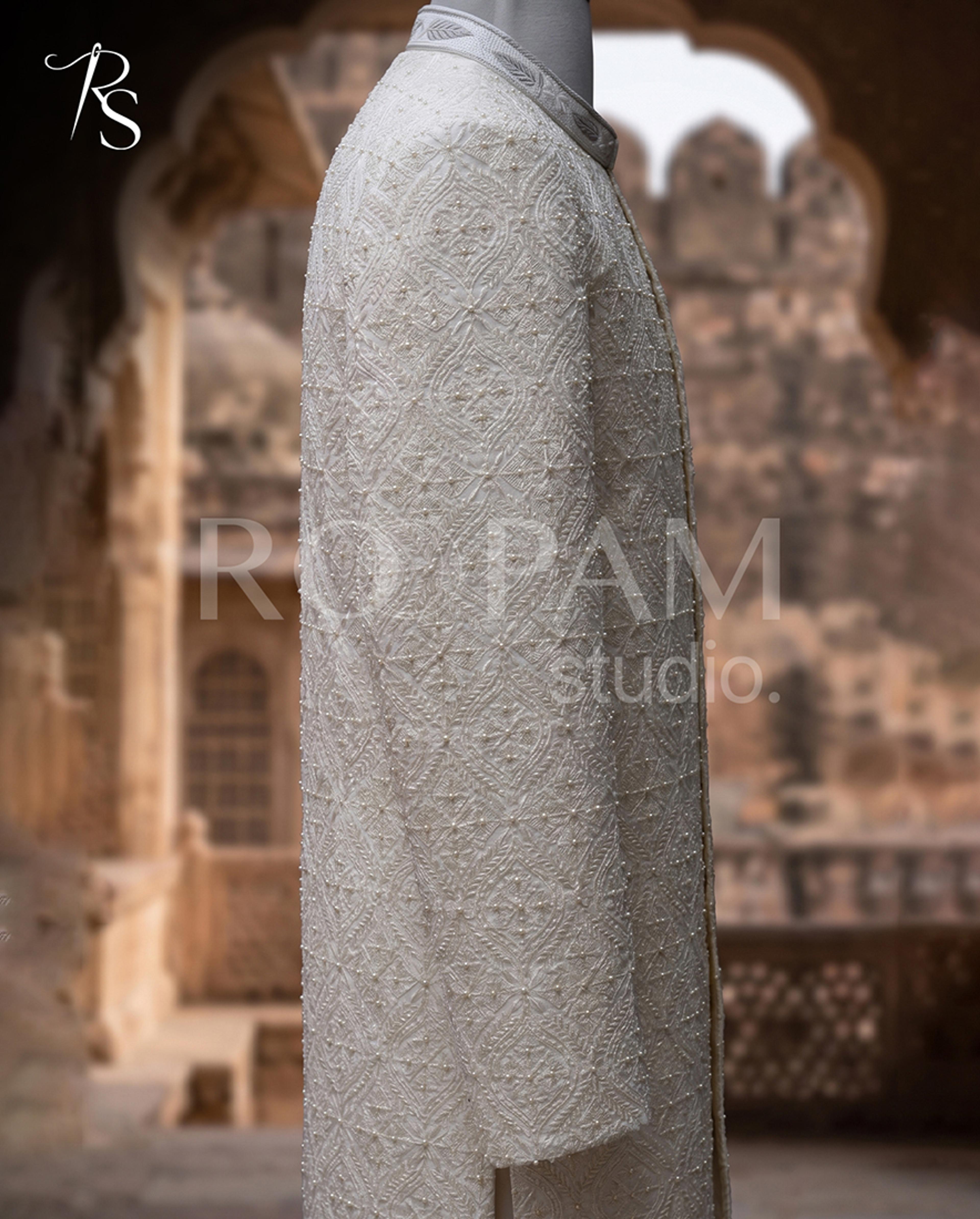 Geometric Pearl Motif Ivory Masoori Sherwani - Thumbnail 2