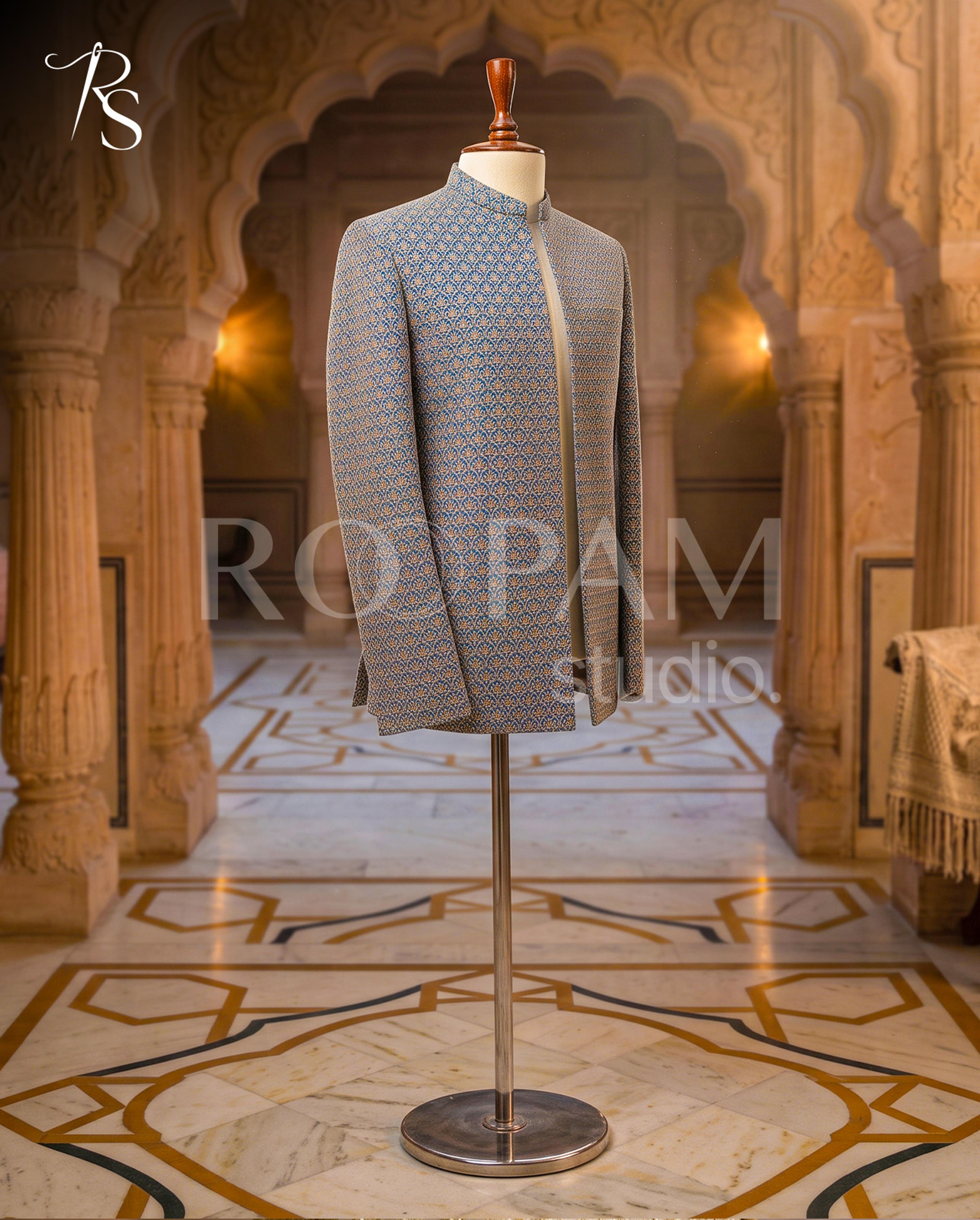 Luxury Royal Blue Scalloped Arch Embroidered Prince Coat - Thumbnail 3