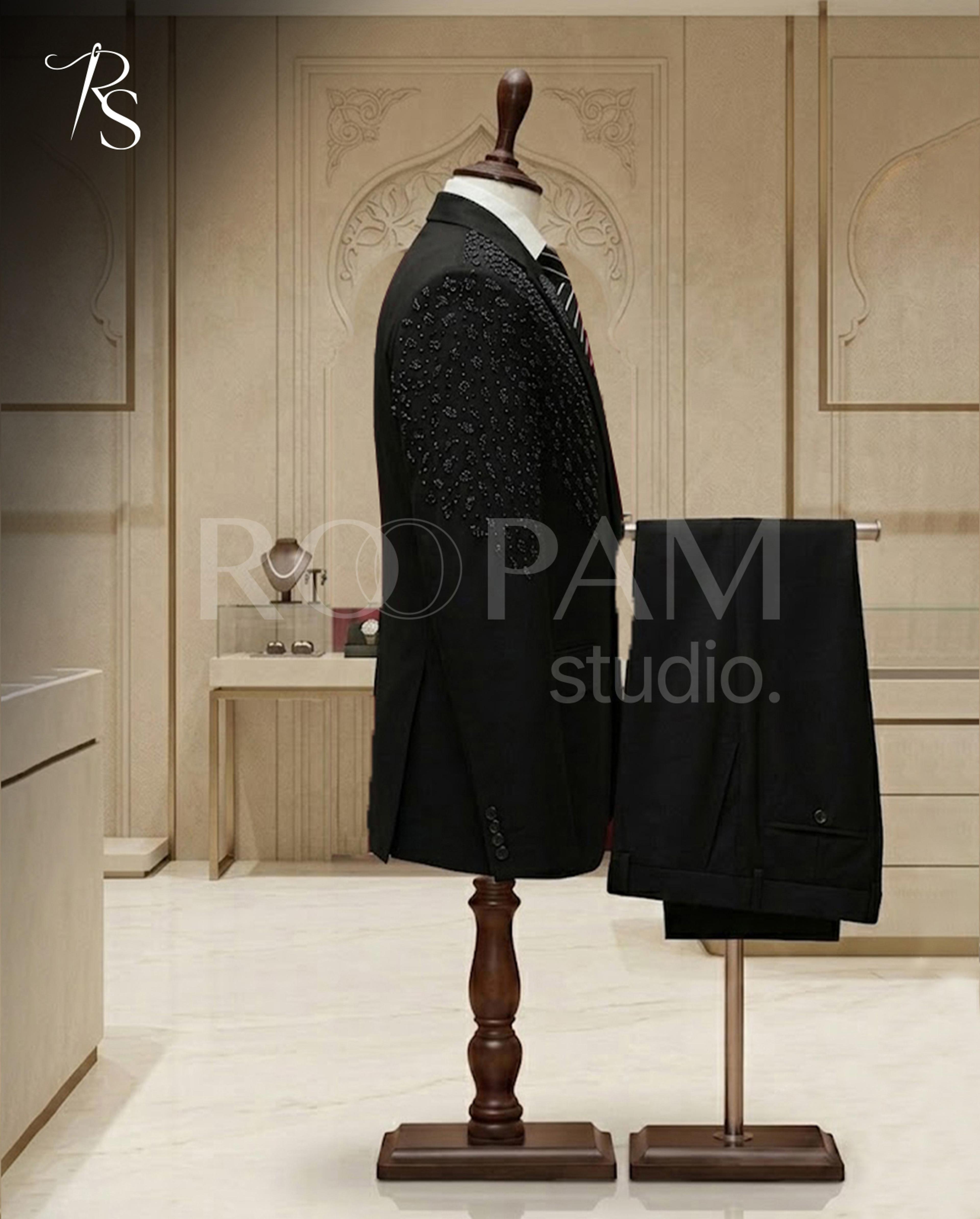 Premium Black Hand-Embellished Designer Suit (2-Piece) | Groom & Walima Wear - Thumbnail 4