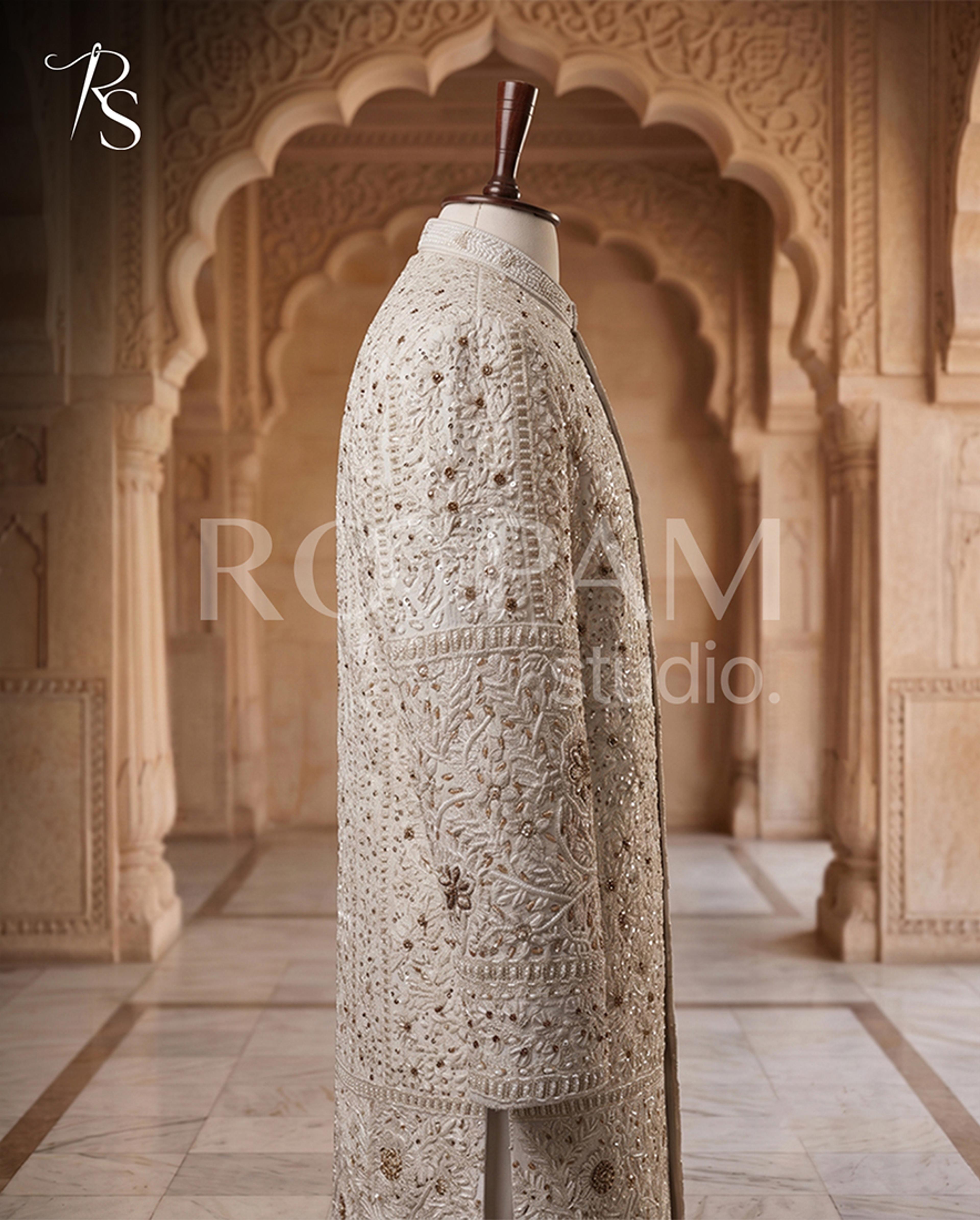 Imperial Ivory Hand-Embroidered Bandhgala Sherwani with Pearl and Sequin Accents - Thumbnail 3