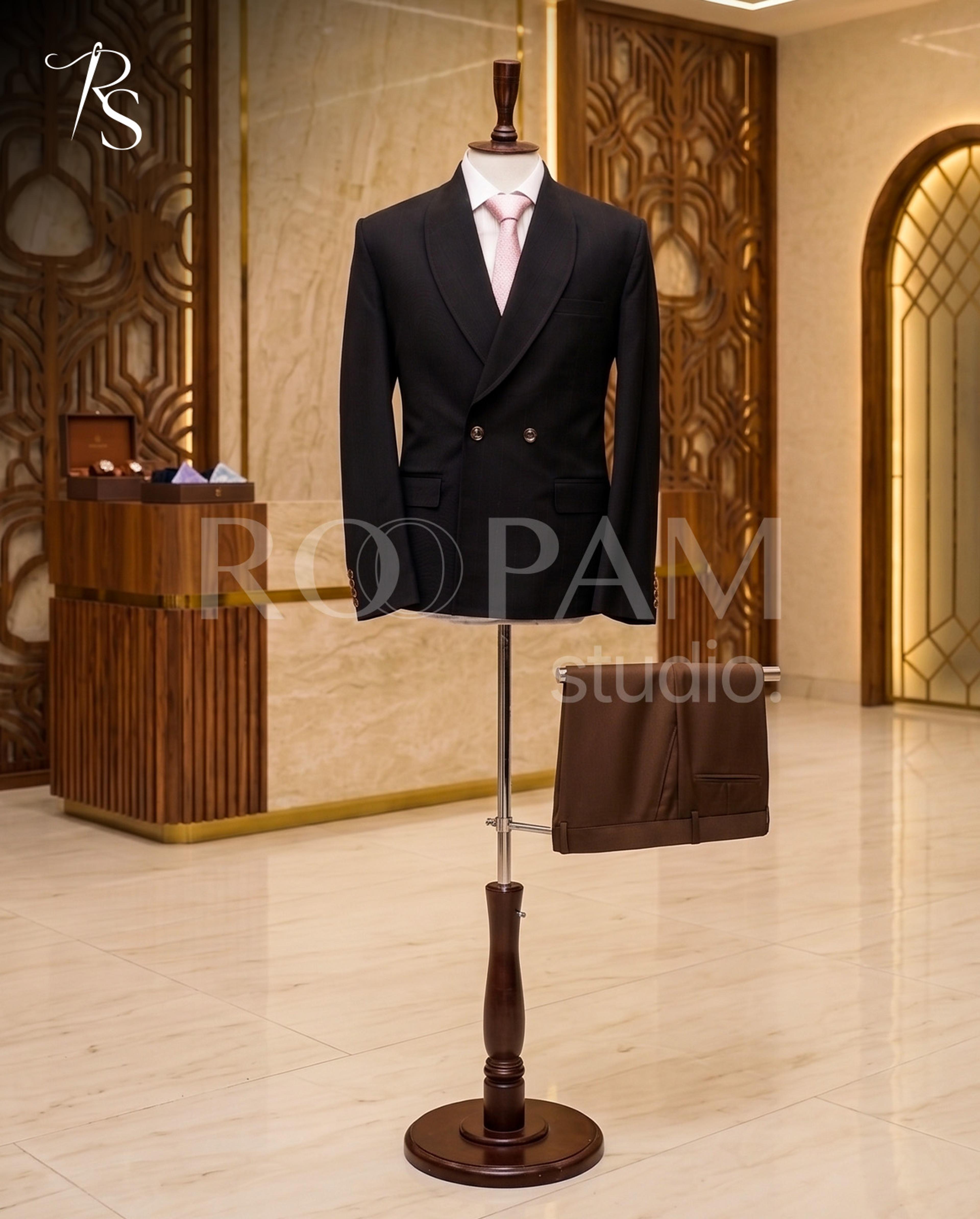 Premium Charcoal Black Pinstripe Double-Breasted Suit with Brown Trousers (2-Piece) - Thumbnail 4