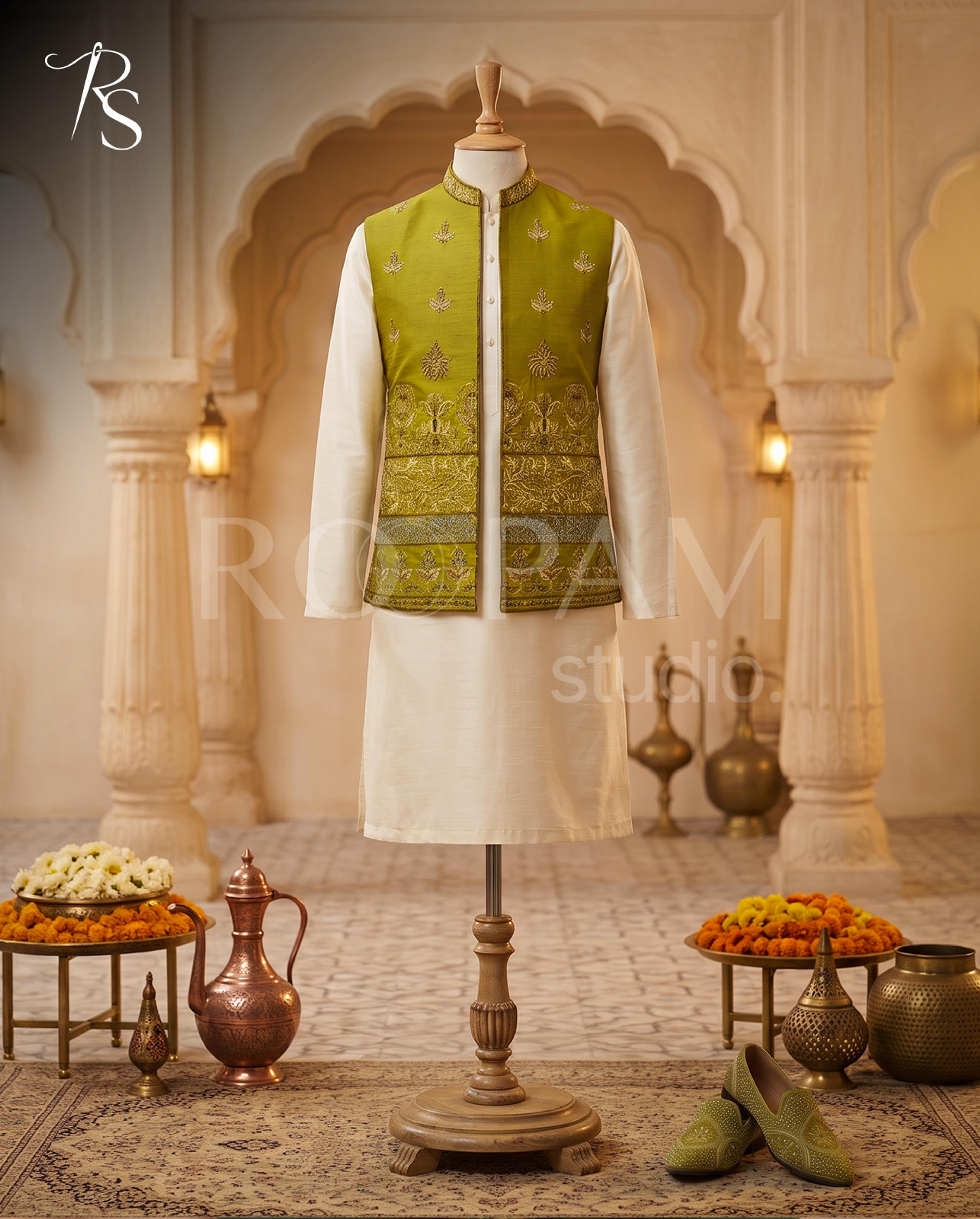 Roopam Studio Luxury Olive Yellow Embroidered Waistcoat - Thumbnail 2
