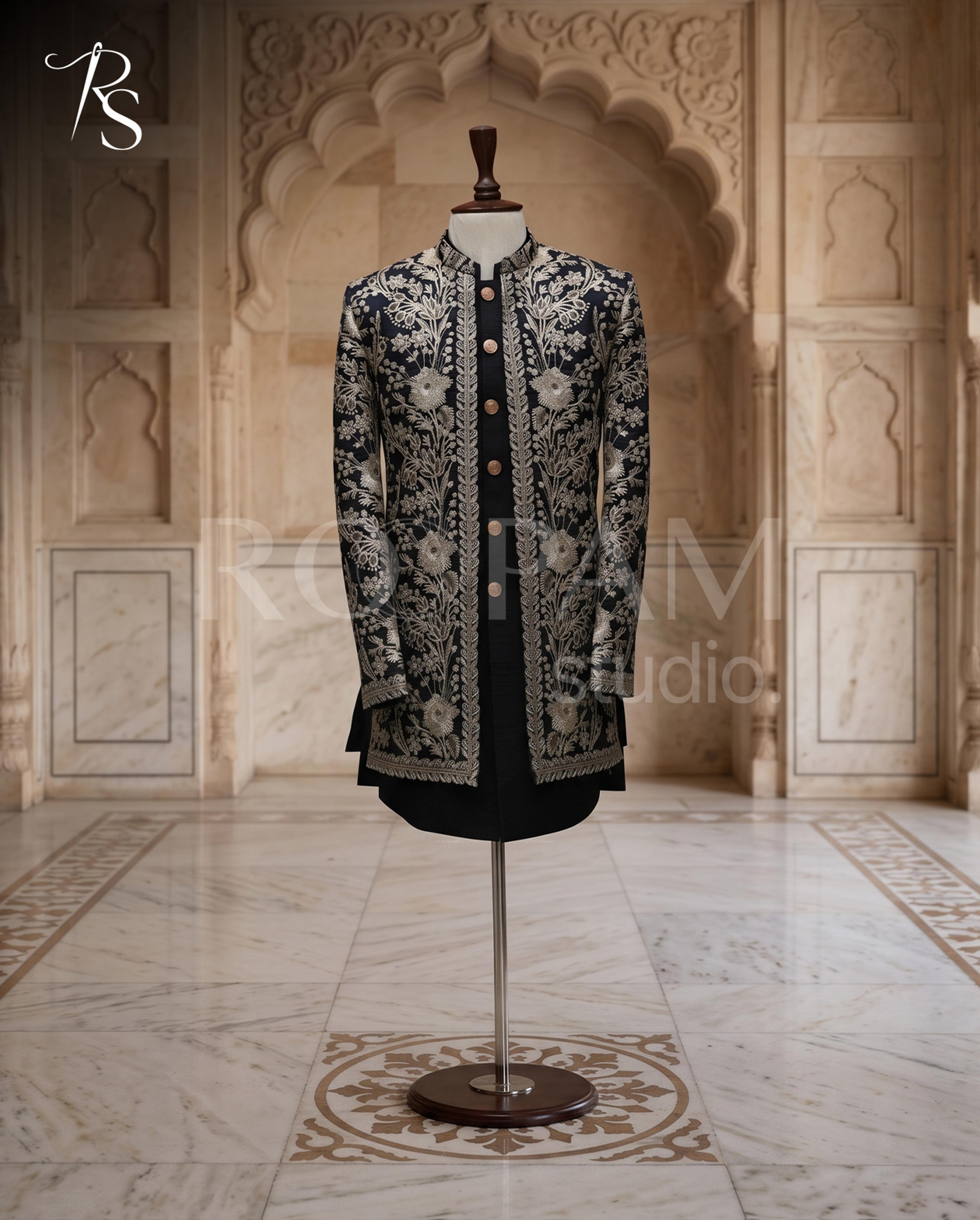Luxury Jet Black & Gold Floral Embroidered Open-Front Short Sherwani (Complete Groom Package) - Thumbnail 2